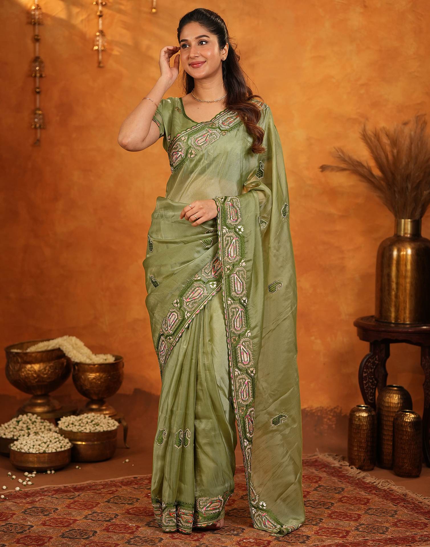Pista Green Shimmer Silk Stone Work Embroidery Saree - Image 4
