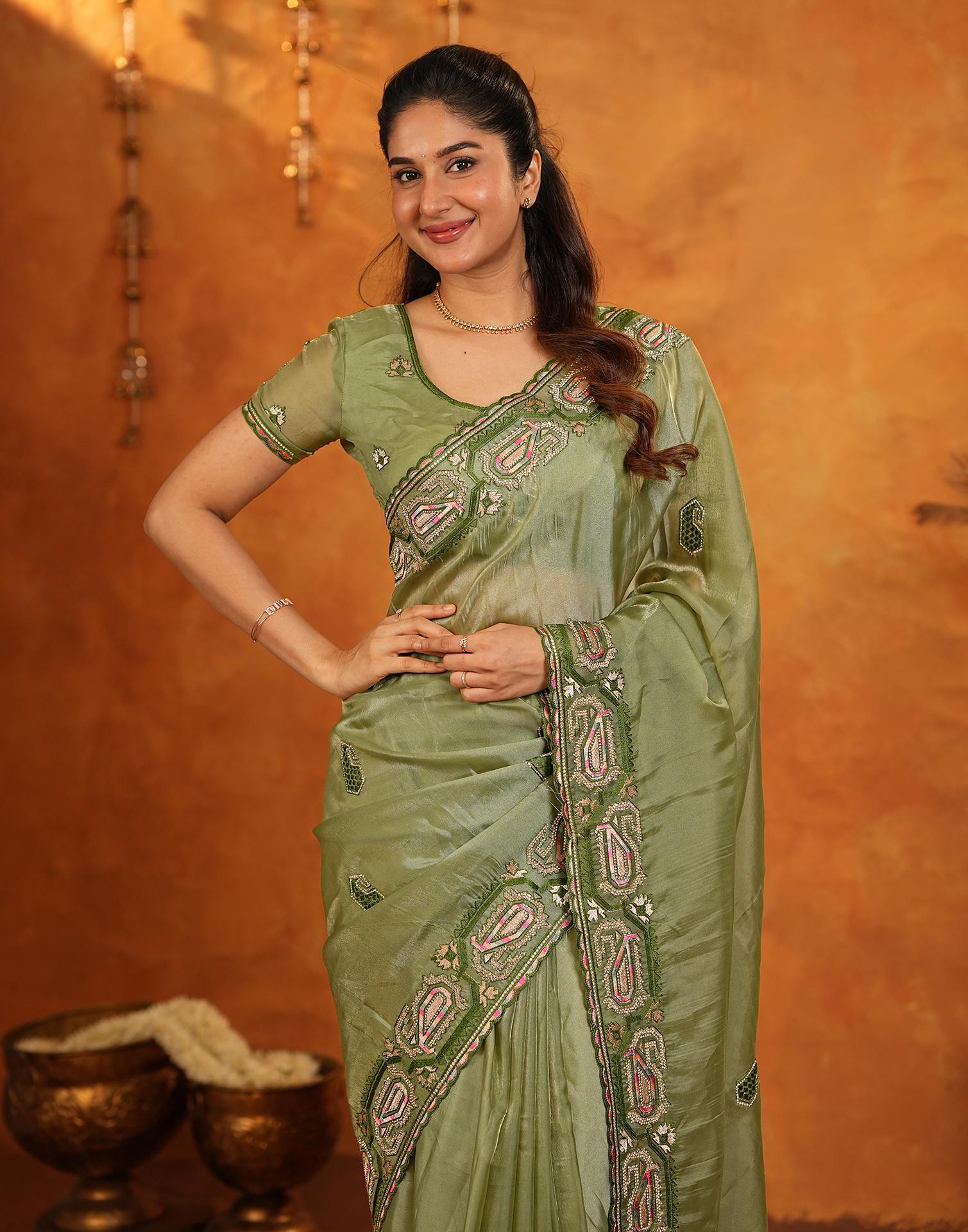 Pista Green Shimmer Silk Stone Work Embroidery Saree - Image 5