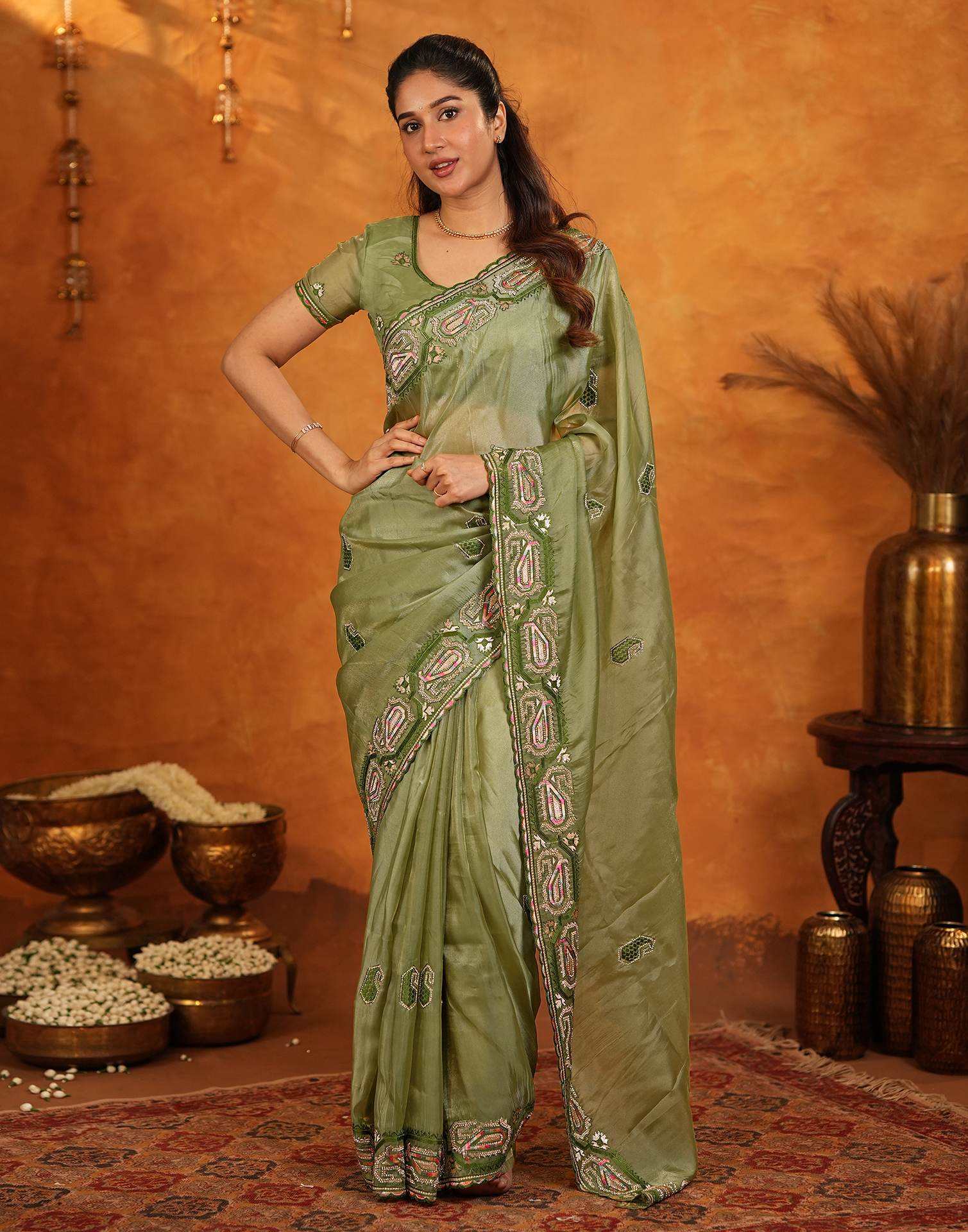 Pista Green Shimmer Silk Stone Work Embroidery Saree - Image 6