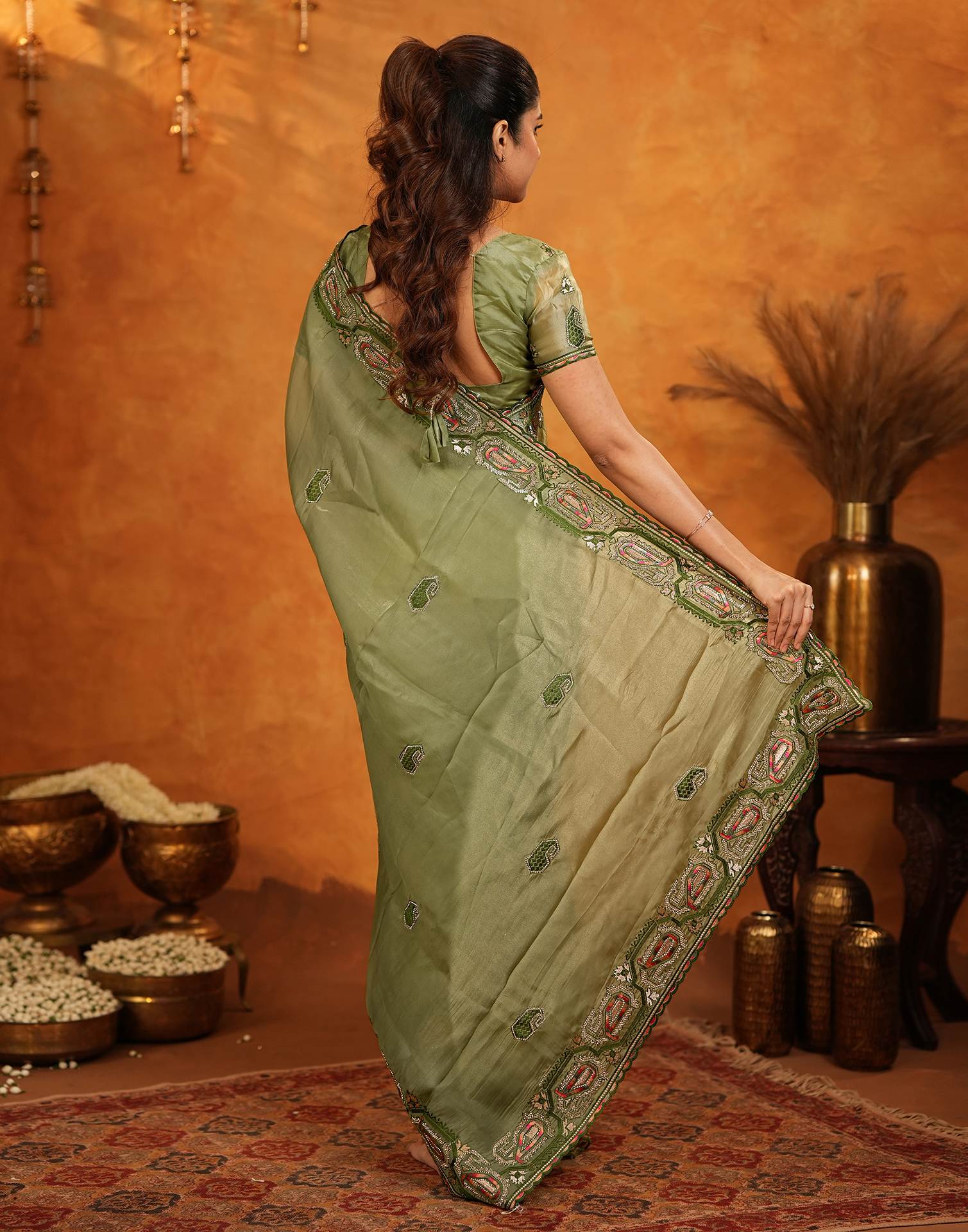Pista Green Shimmer Silk Stone Work Embroidery Saree - Image 7