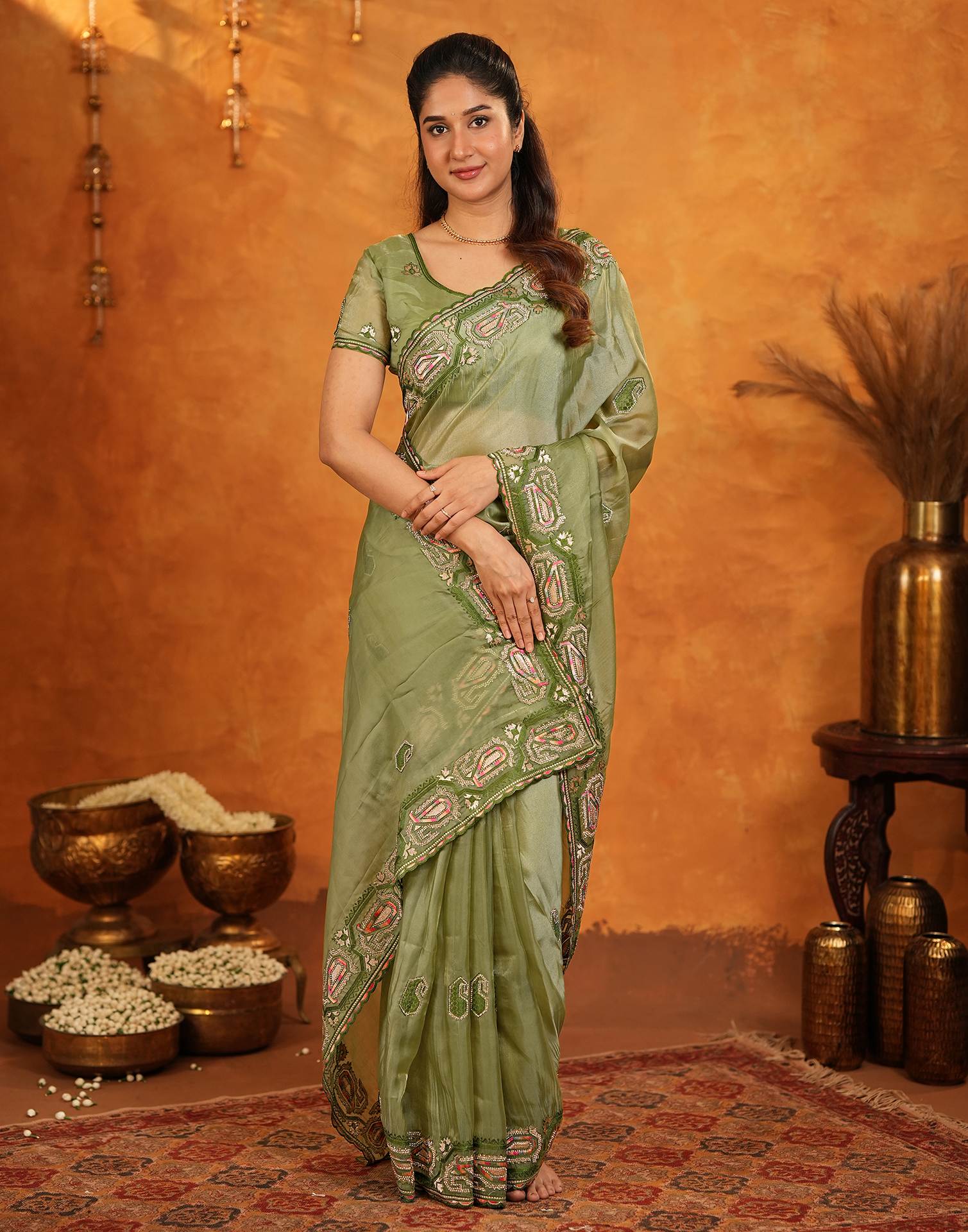 Pista Green Shimmer Silk Stone Work Embroidery Saree - Image 8