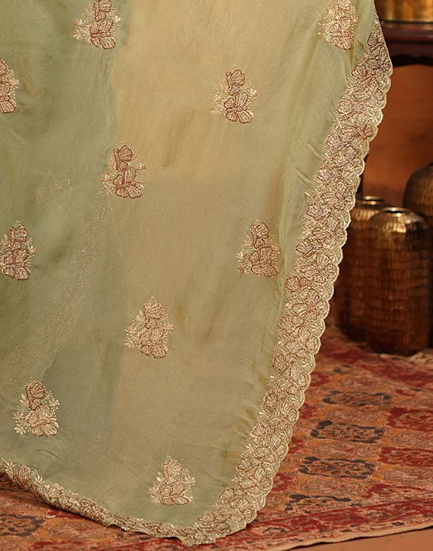 Pista Green Shimmer Silk Stone Work Embroidery Saree - Image 11