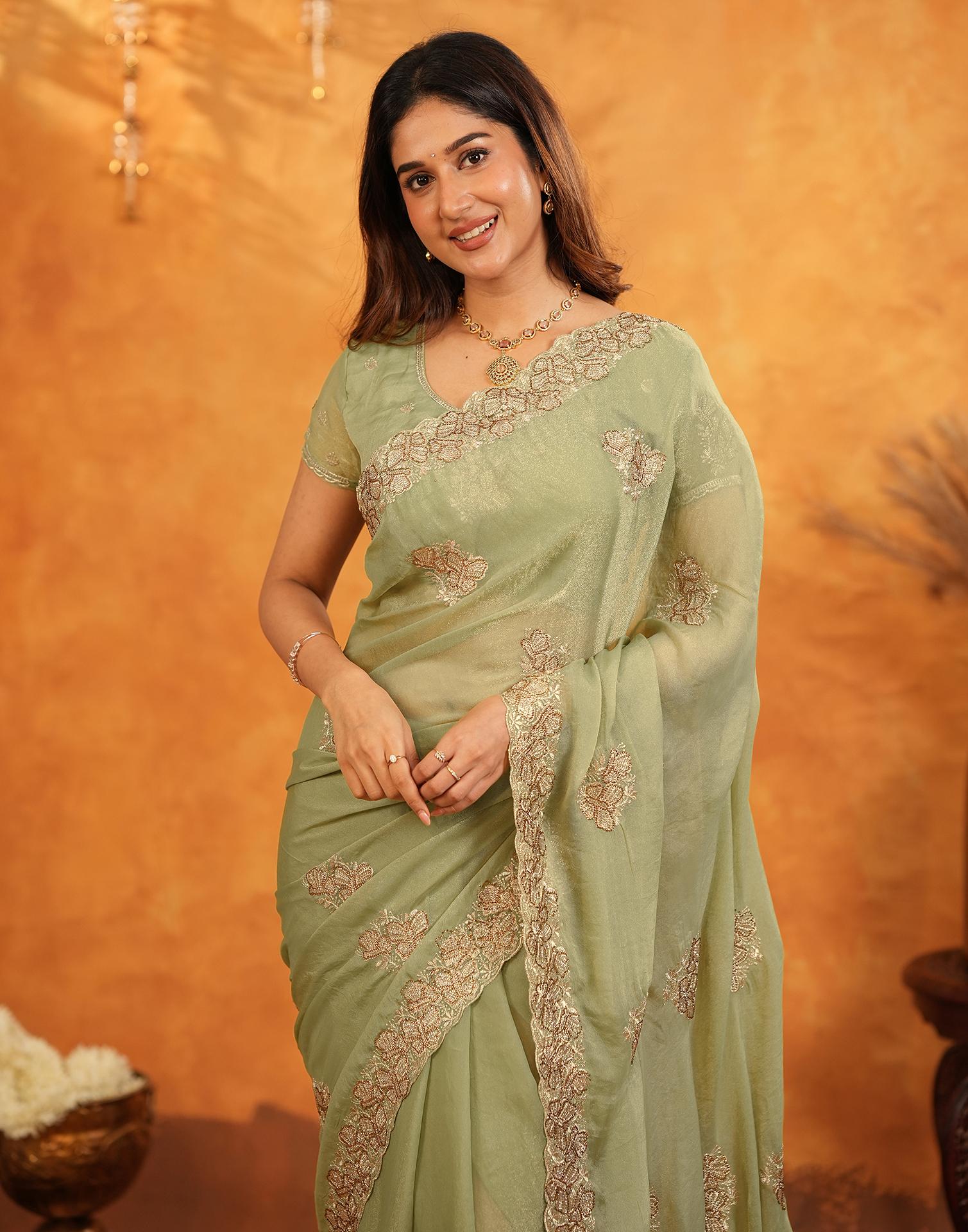 Pista Green Shimmer Silk Stone Work Embroidery Saree - Image 2