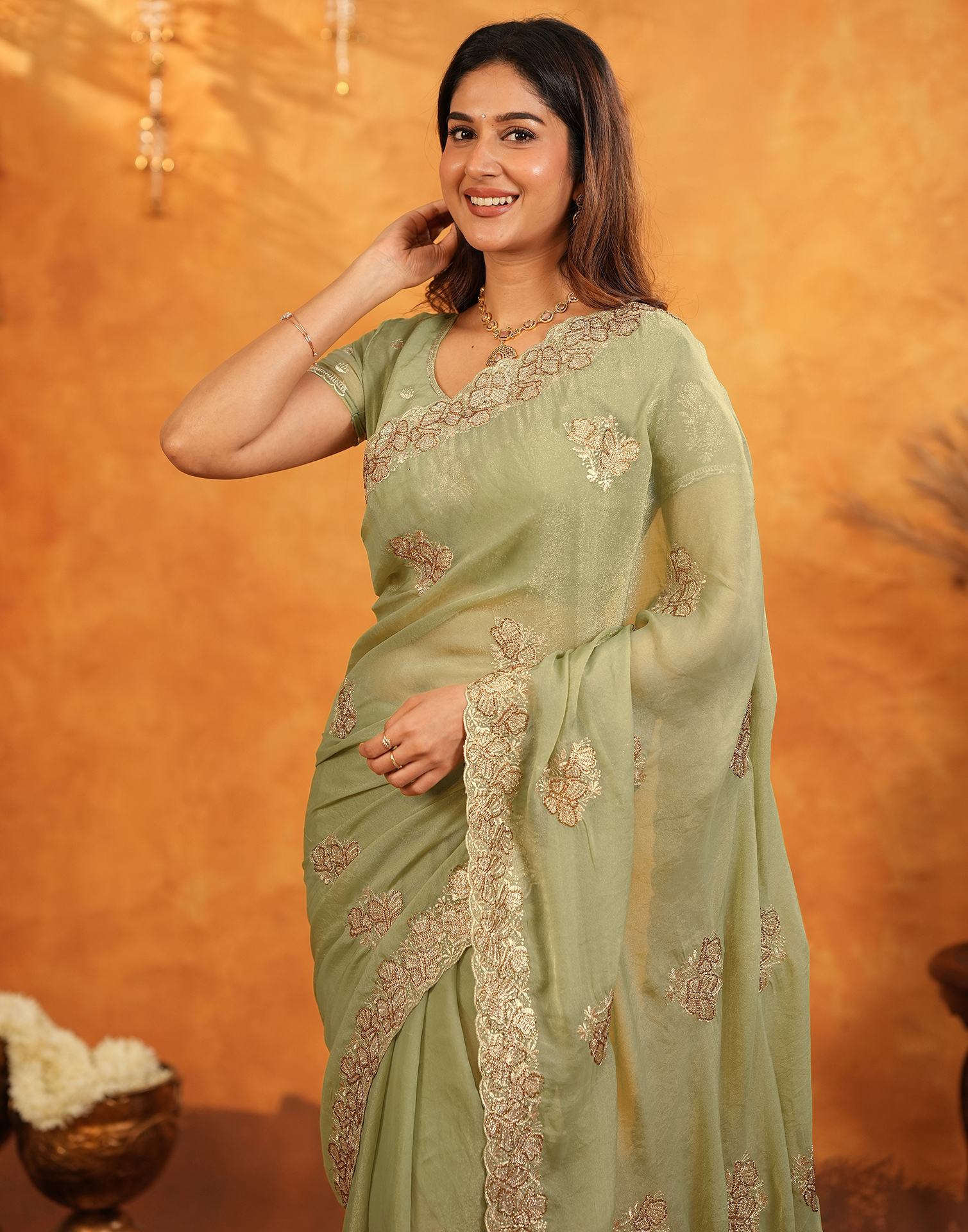 Pista Green Shimmer Silk Stone Work Embroidery Saree - Image 4