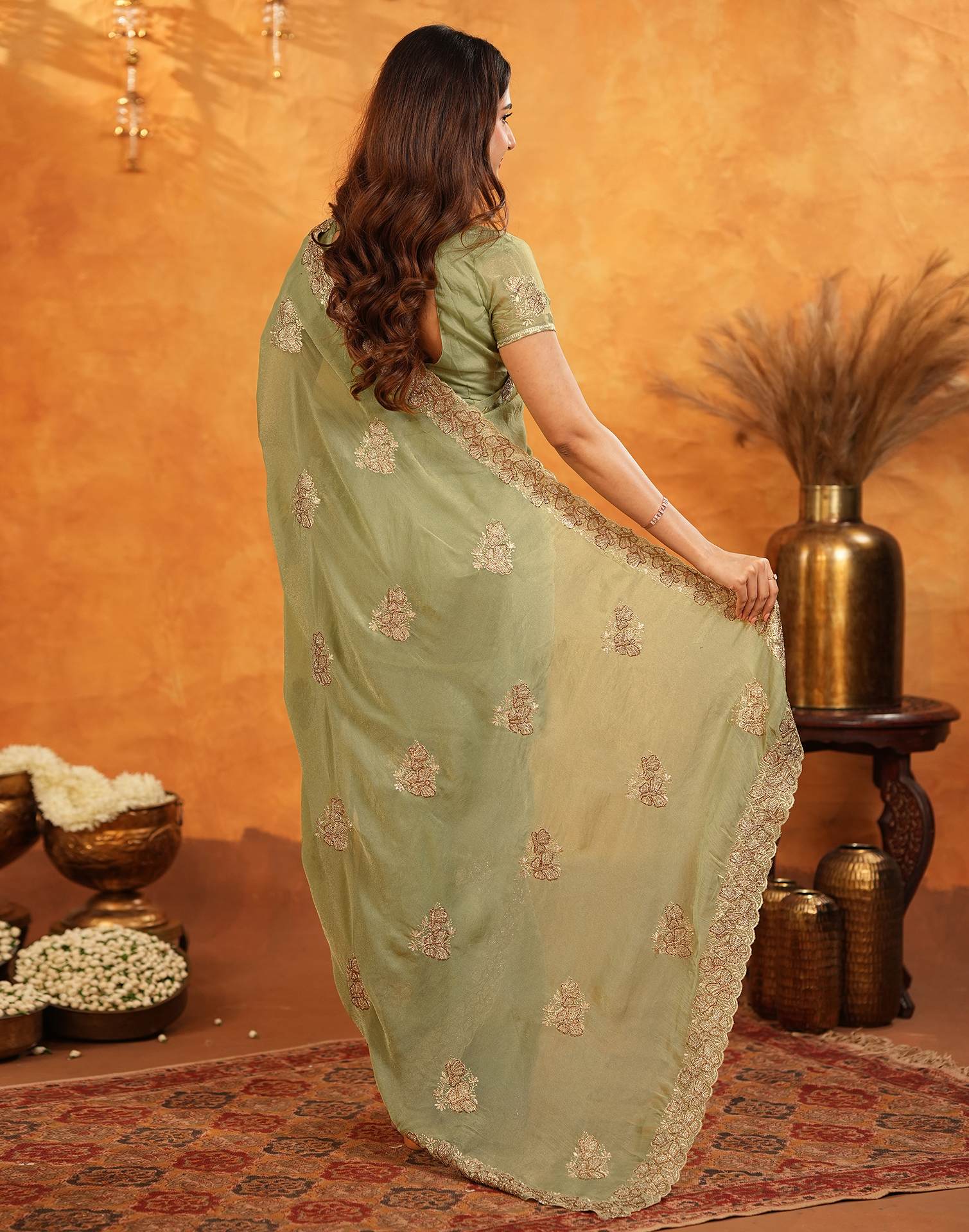 Pista Green Shimmer Silk Stone Work Embroidery Saree - Image 7
