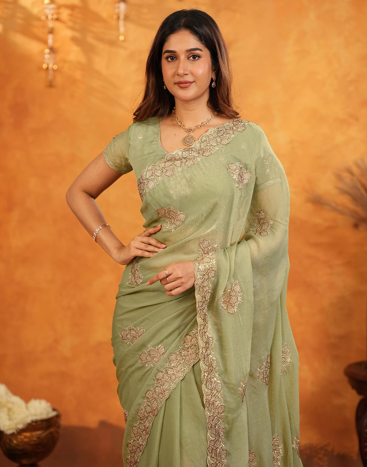Pista Green Shimmer Silk Stone Work Embroidery Saree - Image 8