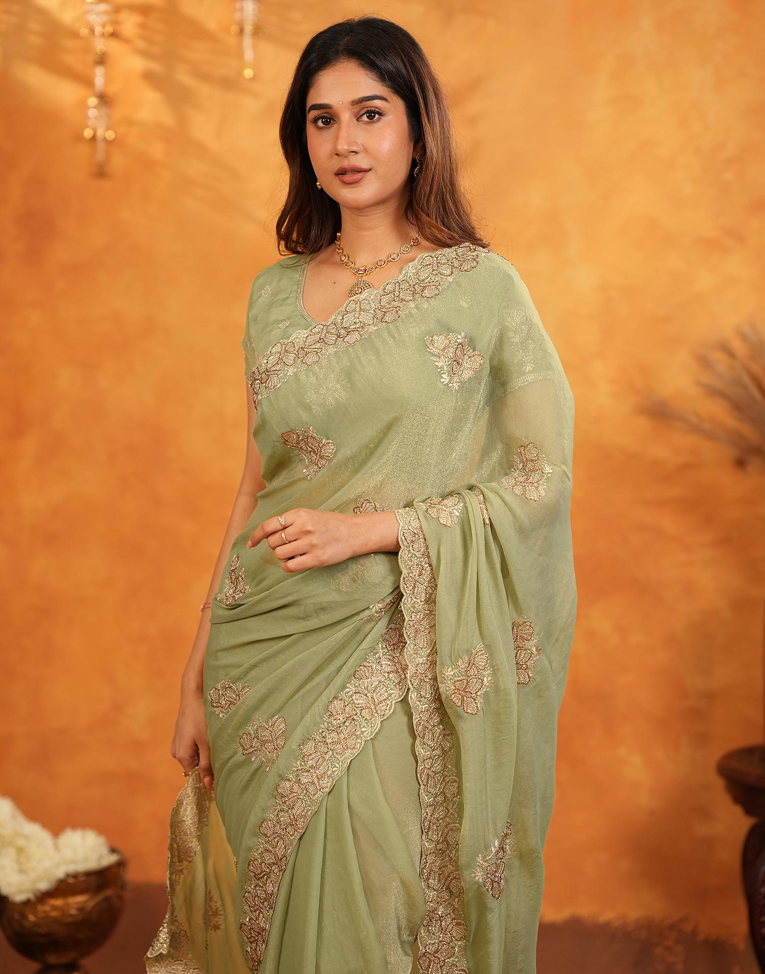 Pista Green Shimmer Silk Stone Work Embroidery Saree - Image 9