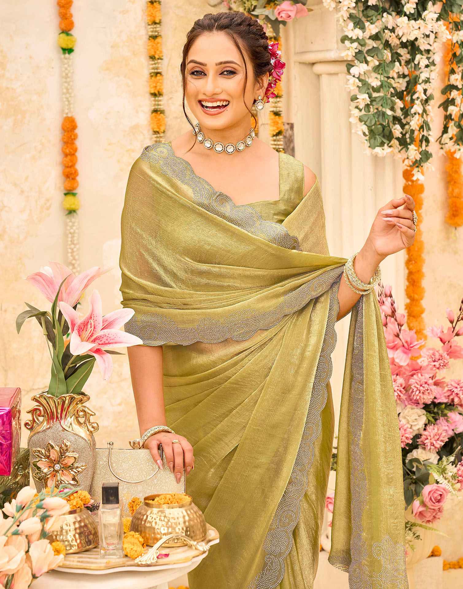 Pista Green Shimmer Stone Work Embellished Saree - Image 2