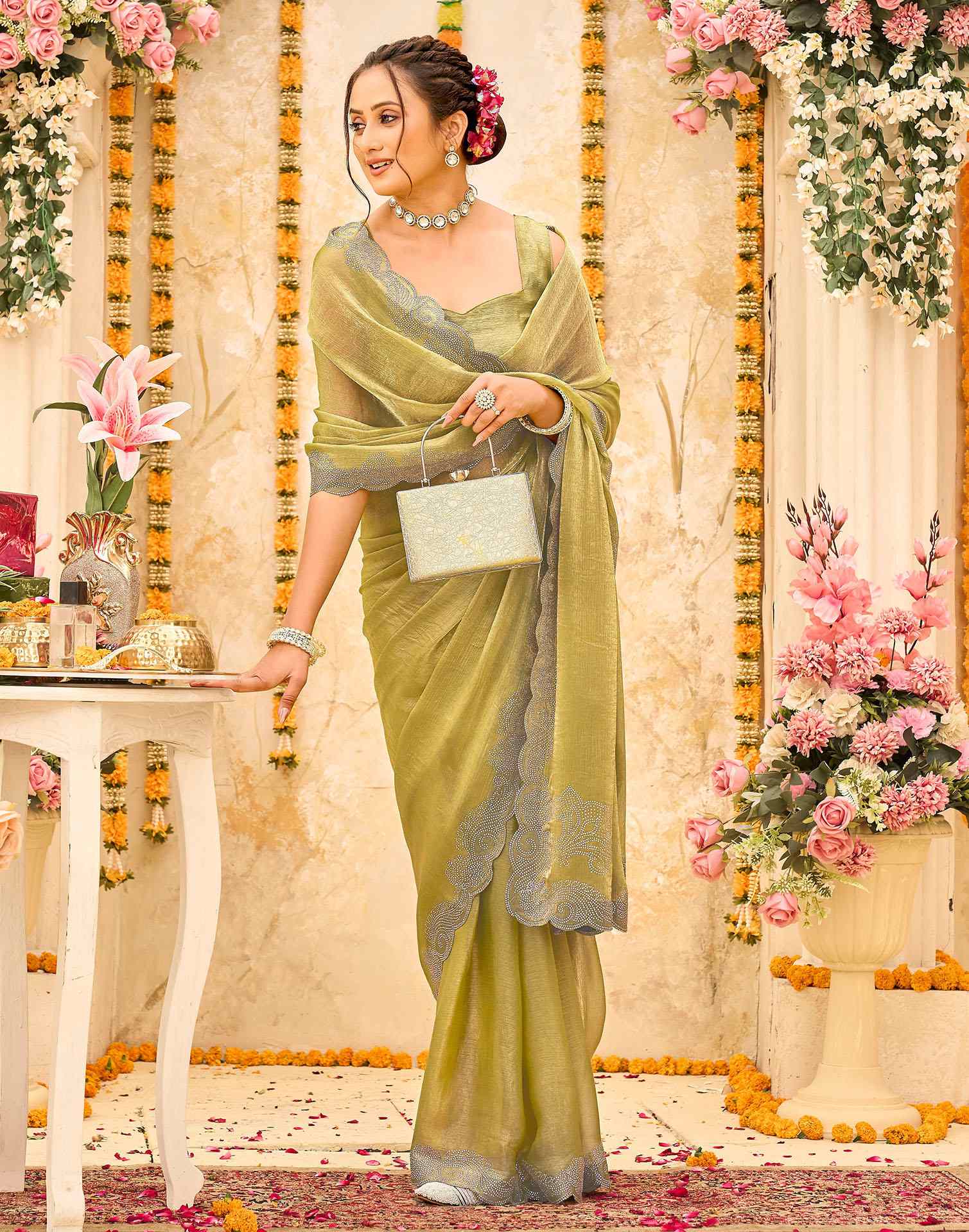 Pista Green Shimmer Stone Work Embellished Saree - Image 4