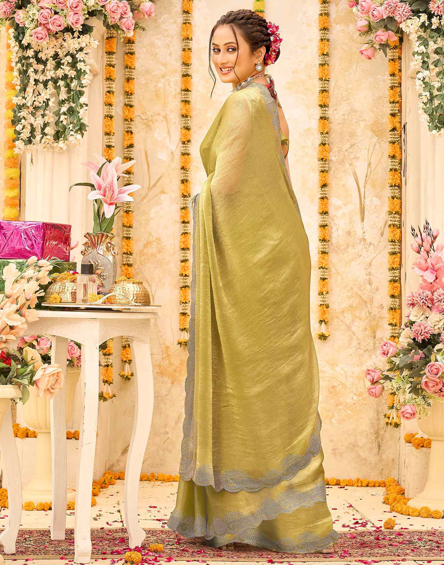 Pista Green Shimmer Stone Work Embellished Saree - Image 6