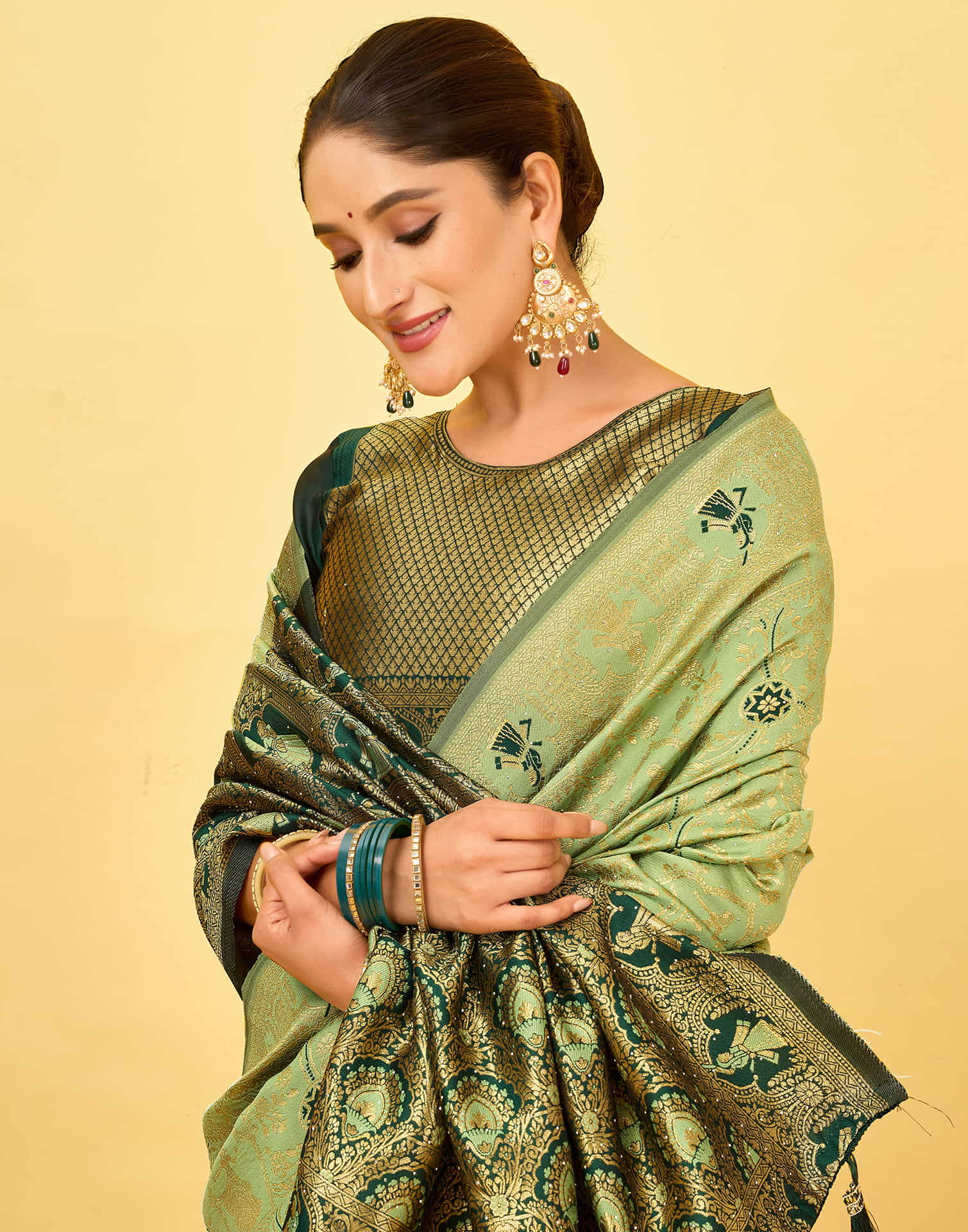 Pista Green Silk Woven Baluchari Saree - Image 2