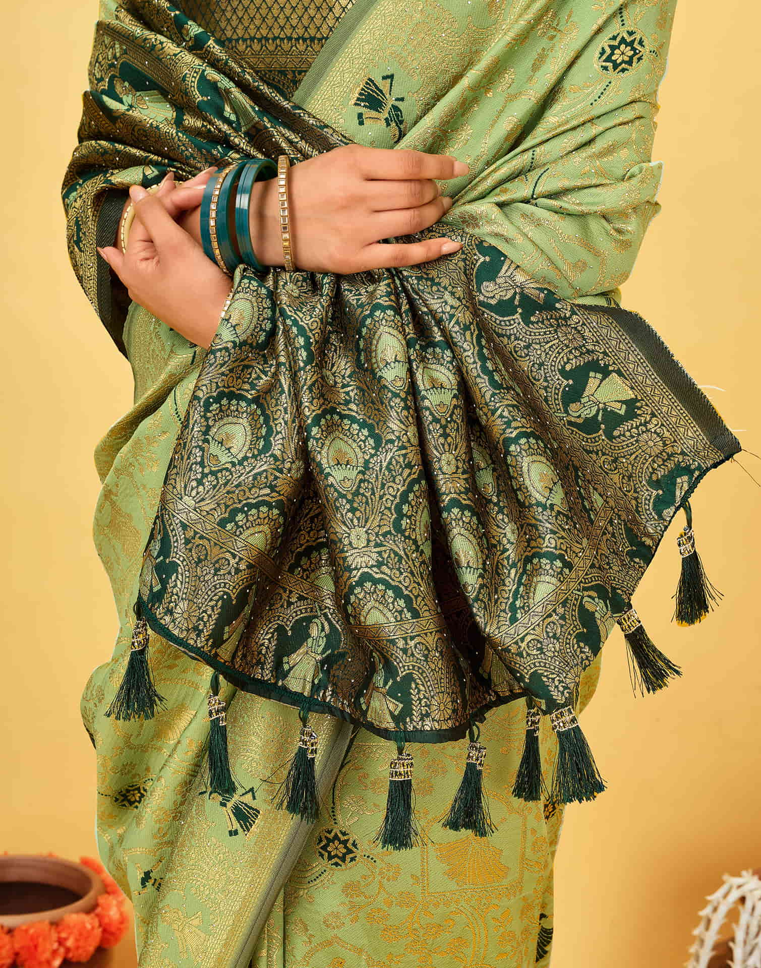 Pista Green Silk Woven Baluchari Saree - Image 8