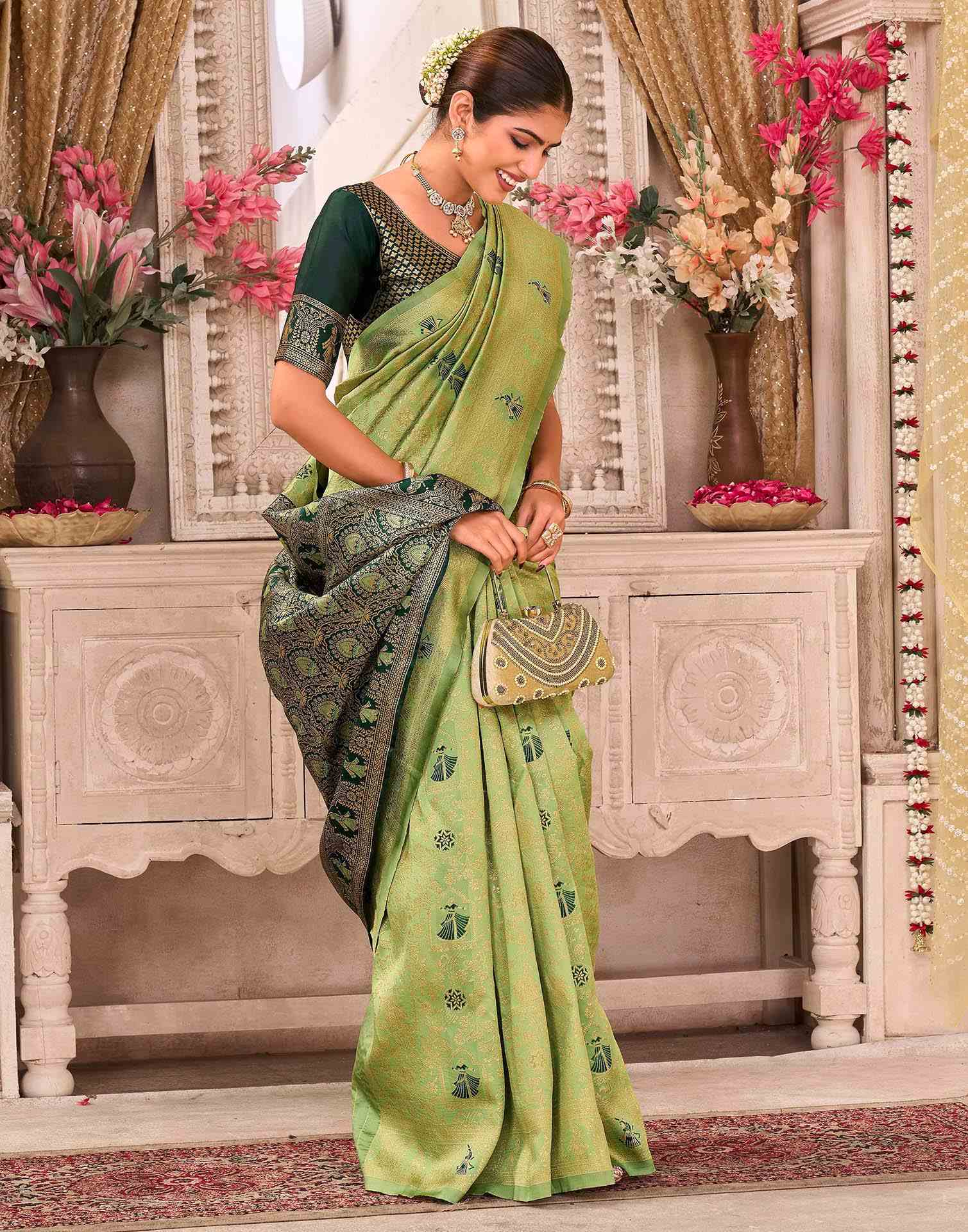 Pista Green Silk Woven Baluchari Saree - Image 5