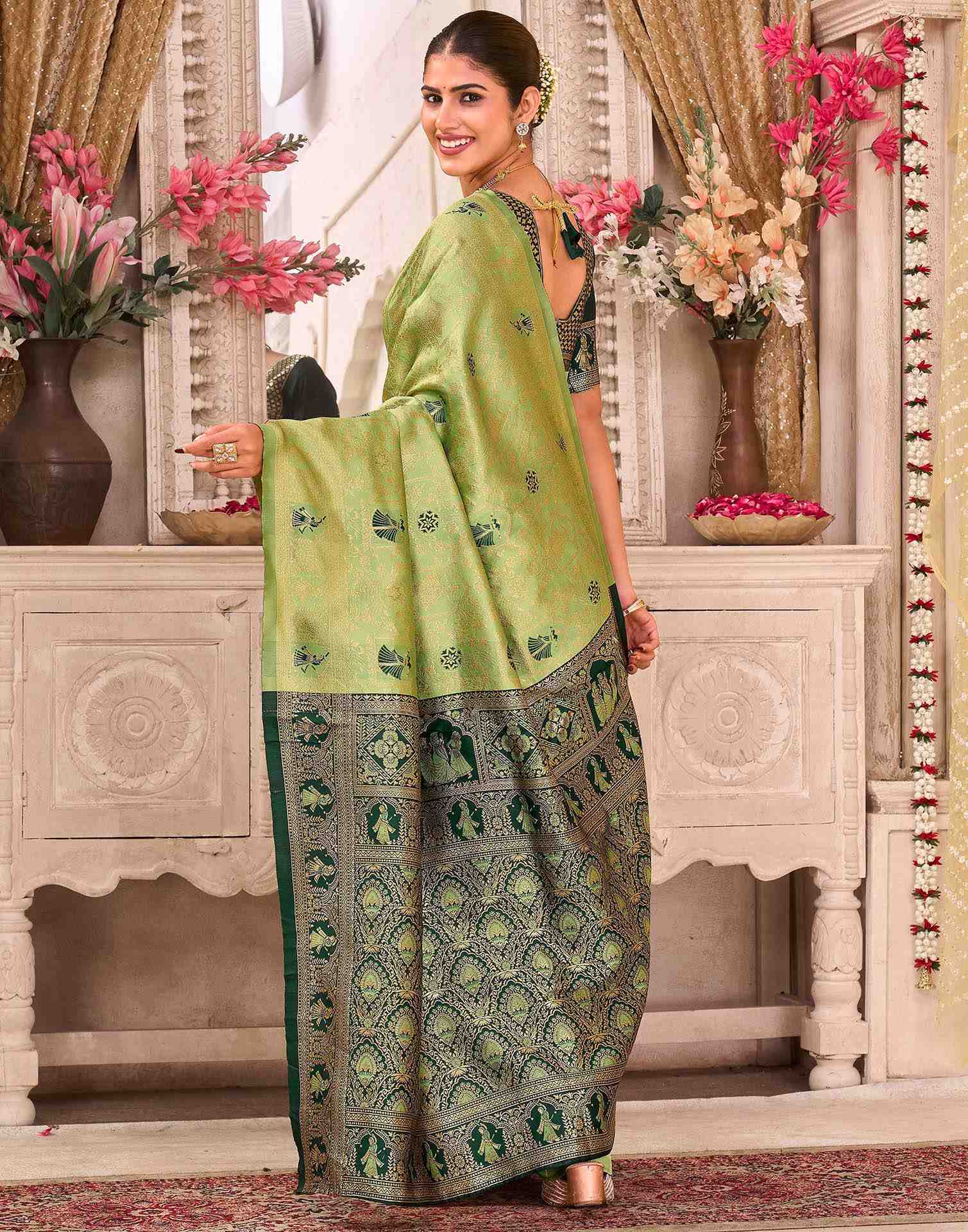 Pista Green Silk Woven Baluchari Saree - Image 6