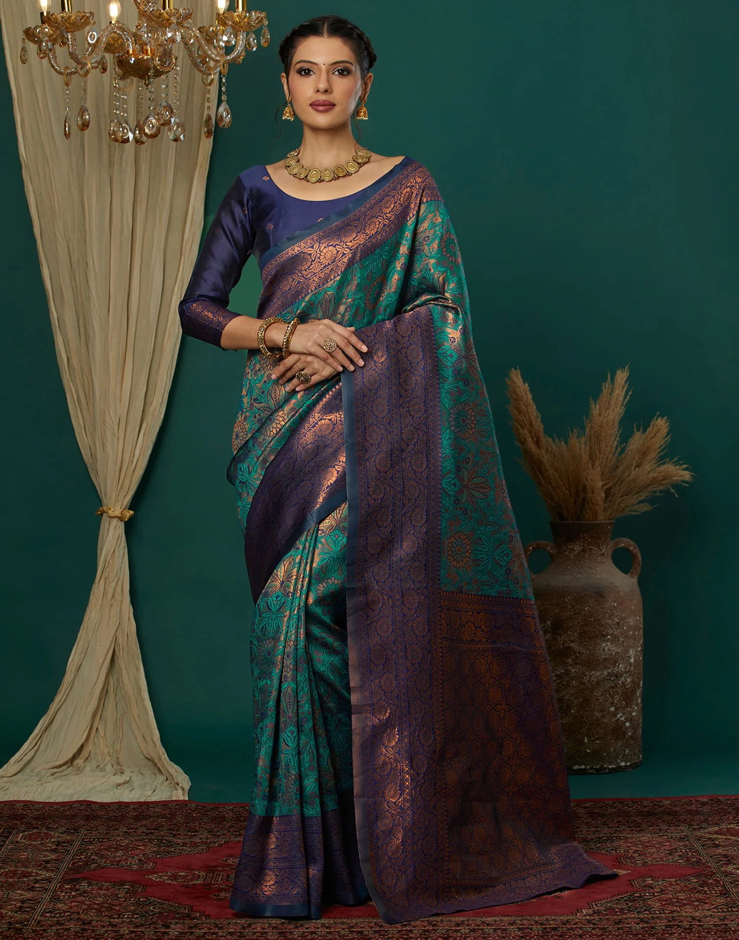 Turquoise Silk Woven Banarasi Saree - Image 2