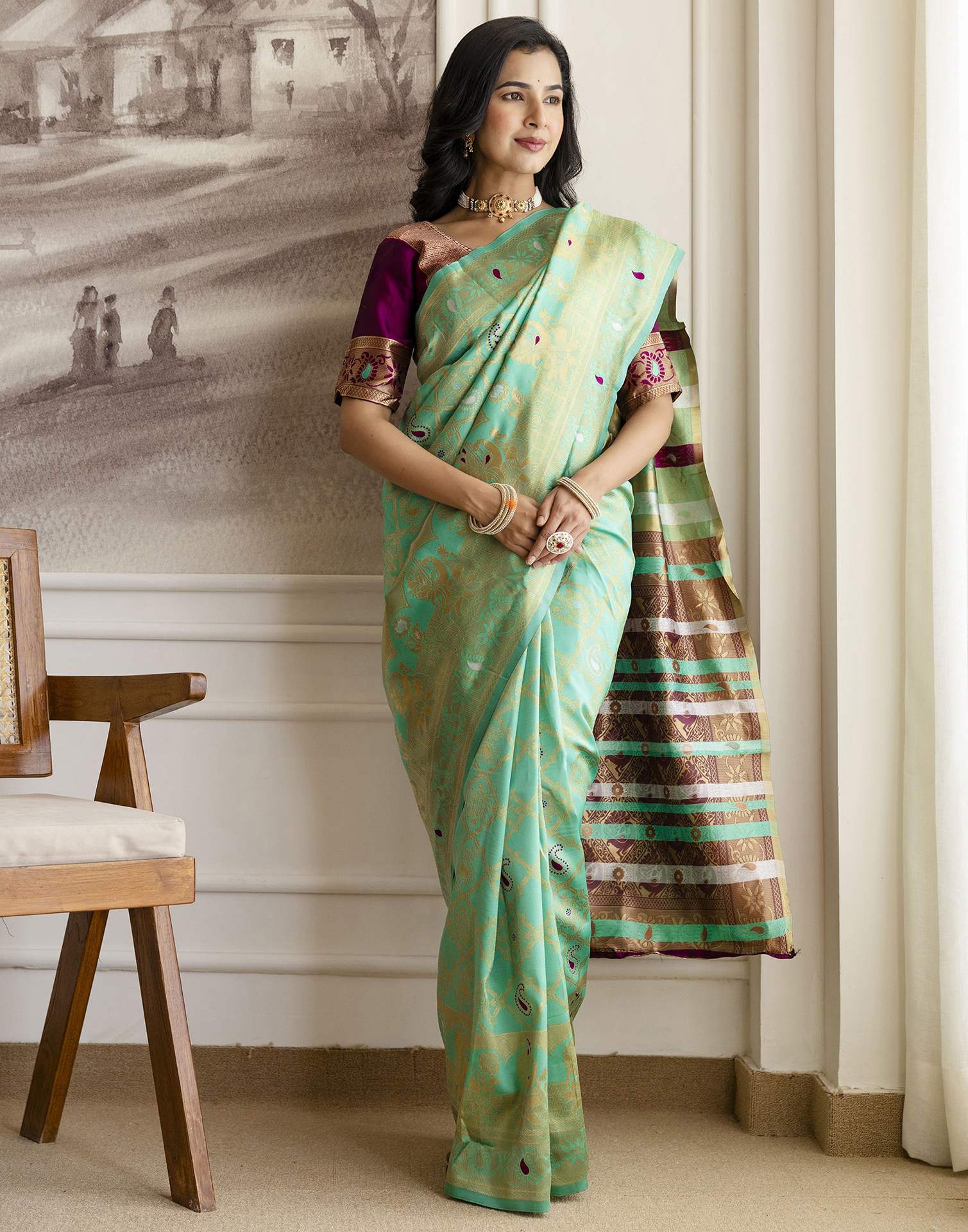 Pista Green Silk Woven Banarasi Saree - Image 10