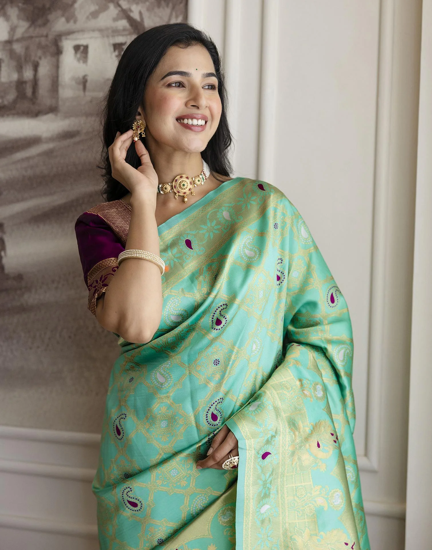 Pista Green Silk Woven Banarasi Saree - Image 2