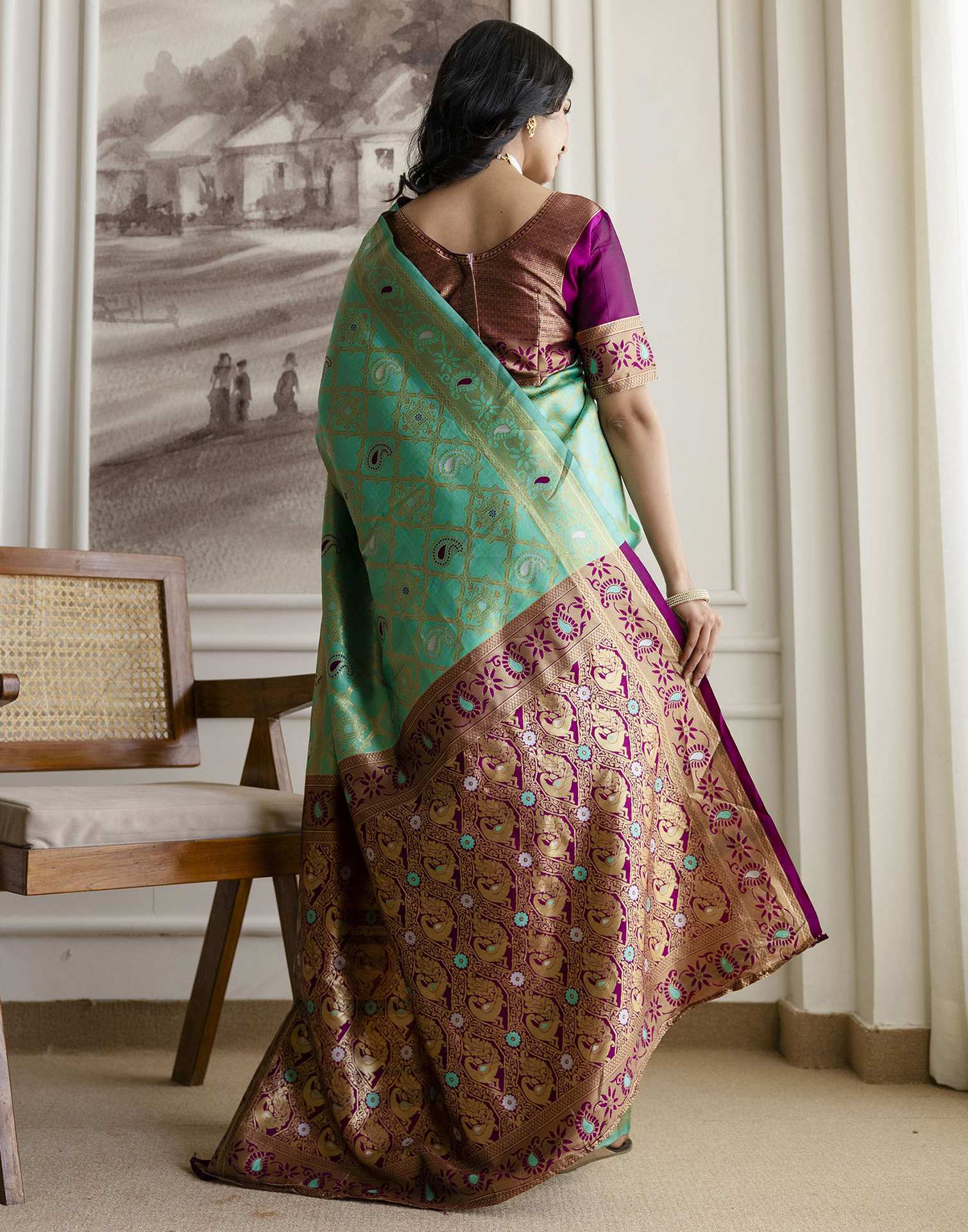 Pista Green Silk Woven Banarasi Saree - Image 8