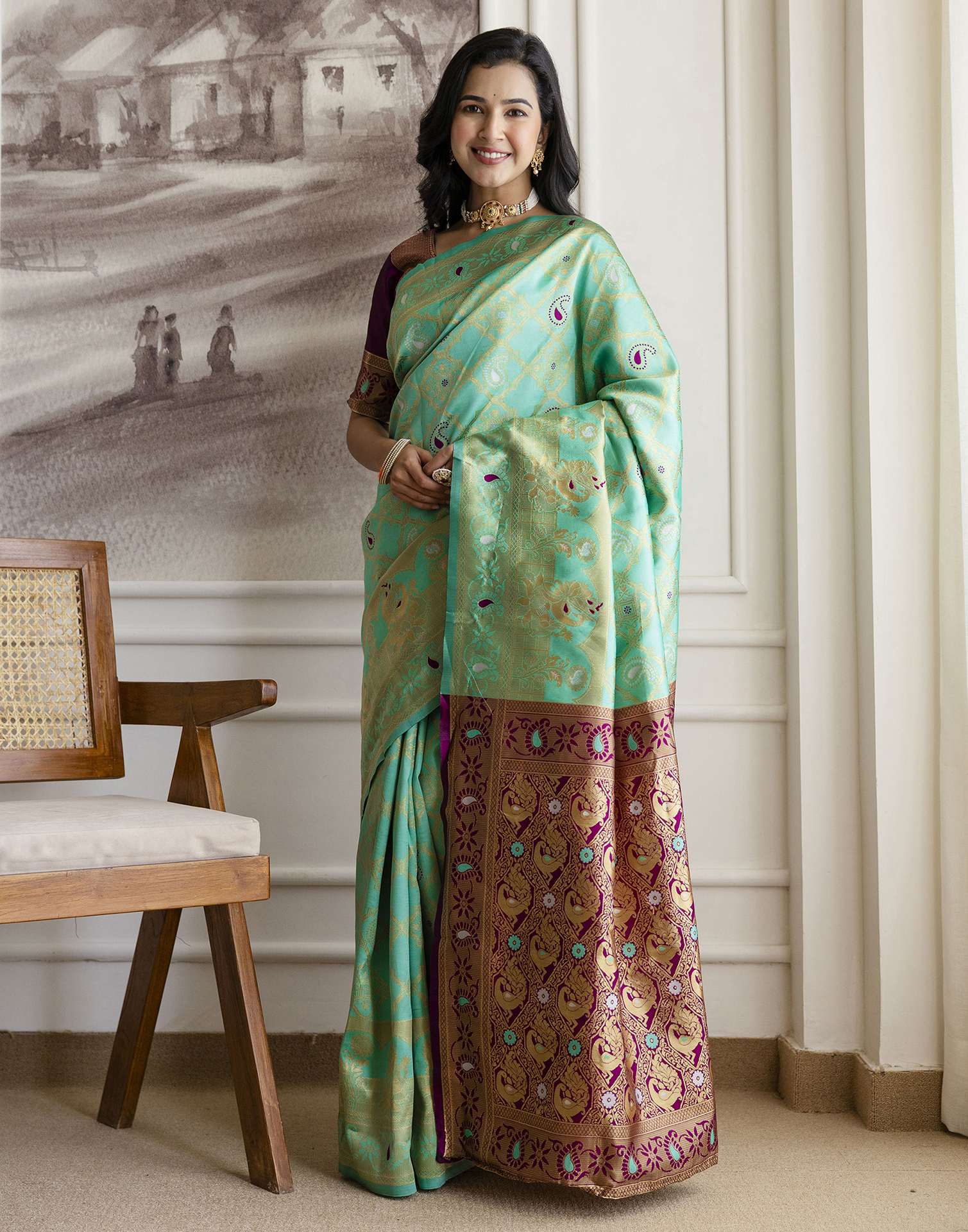 Pista Green Silk Woven Banarasi Saree - Image 9