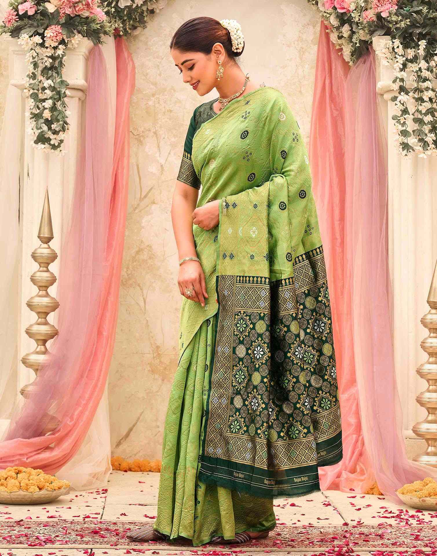 Pista Green Silk Woven Banarasi Saree - Image 4