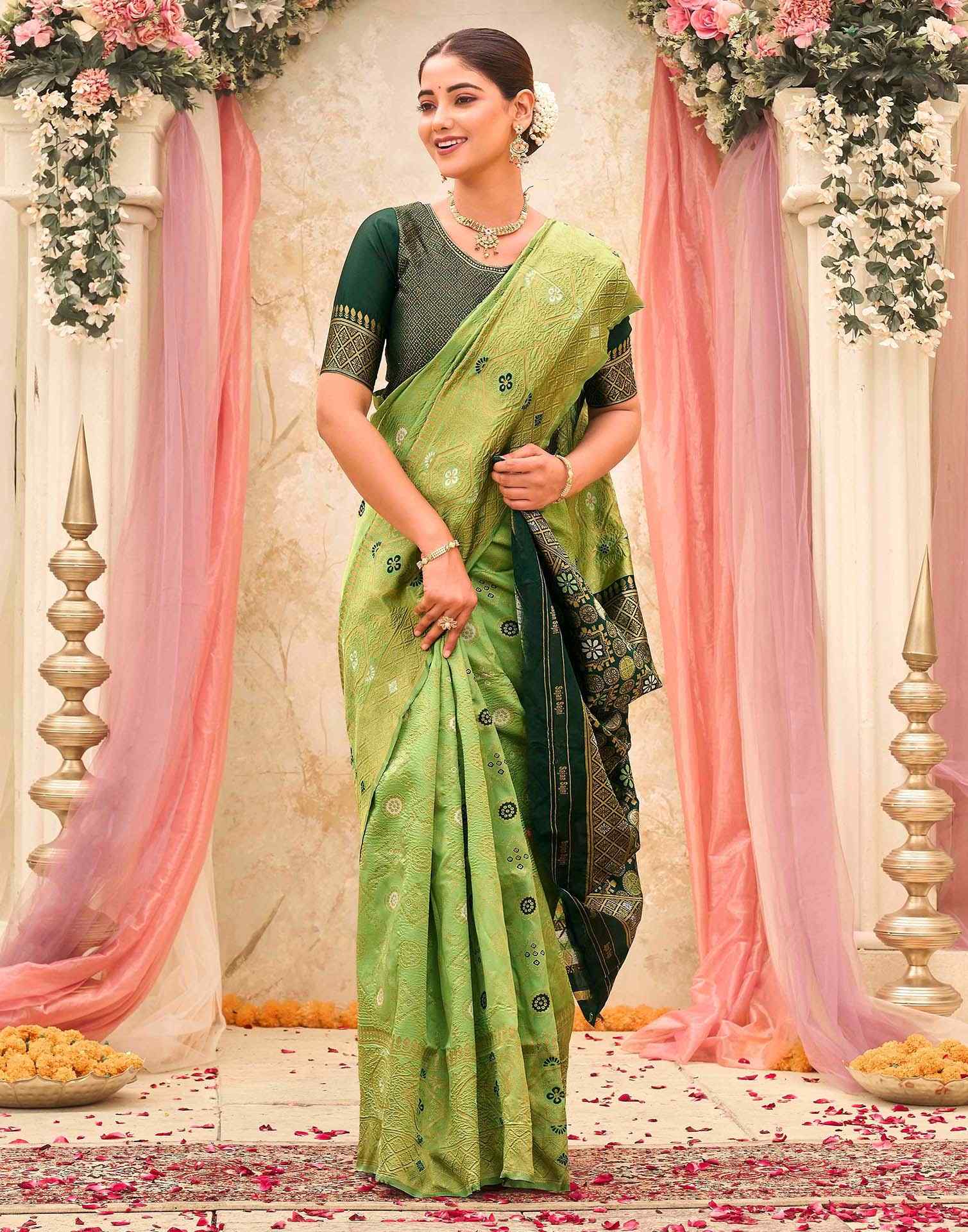 Pista Green Silk Woven Banarasi Saree - Image 5