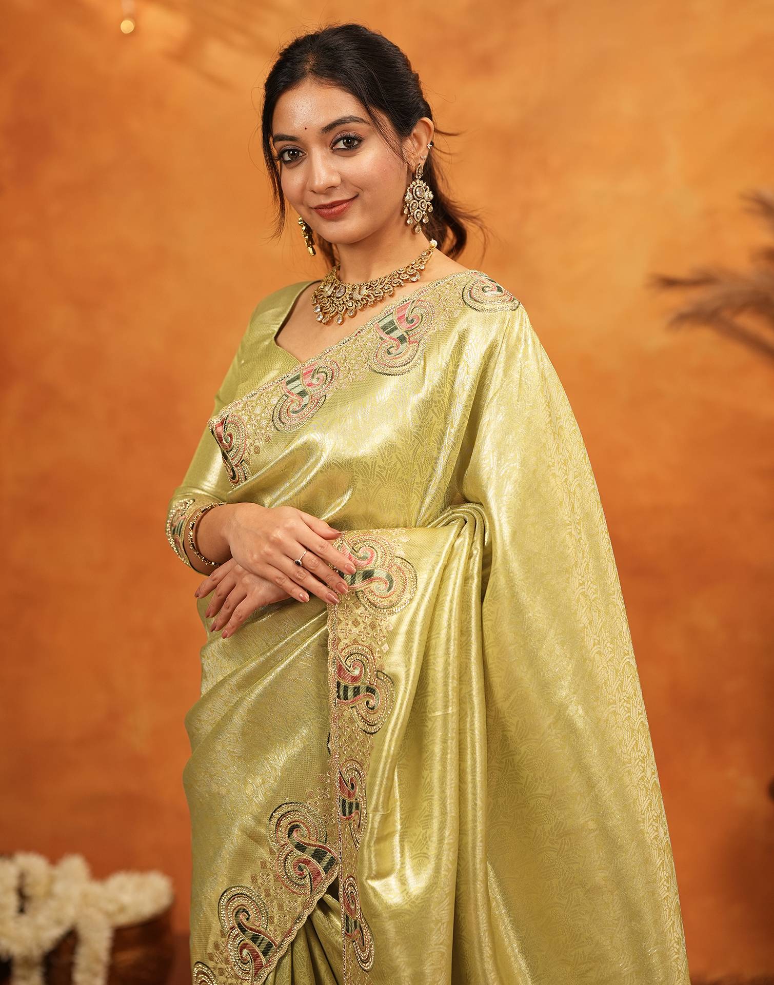 Pista Green Silk Woven Embroidery Stone Work Banarasi Saree - Image 10
