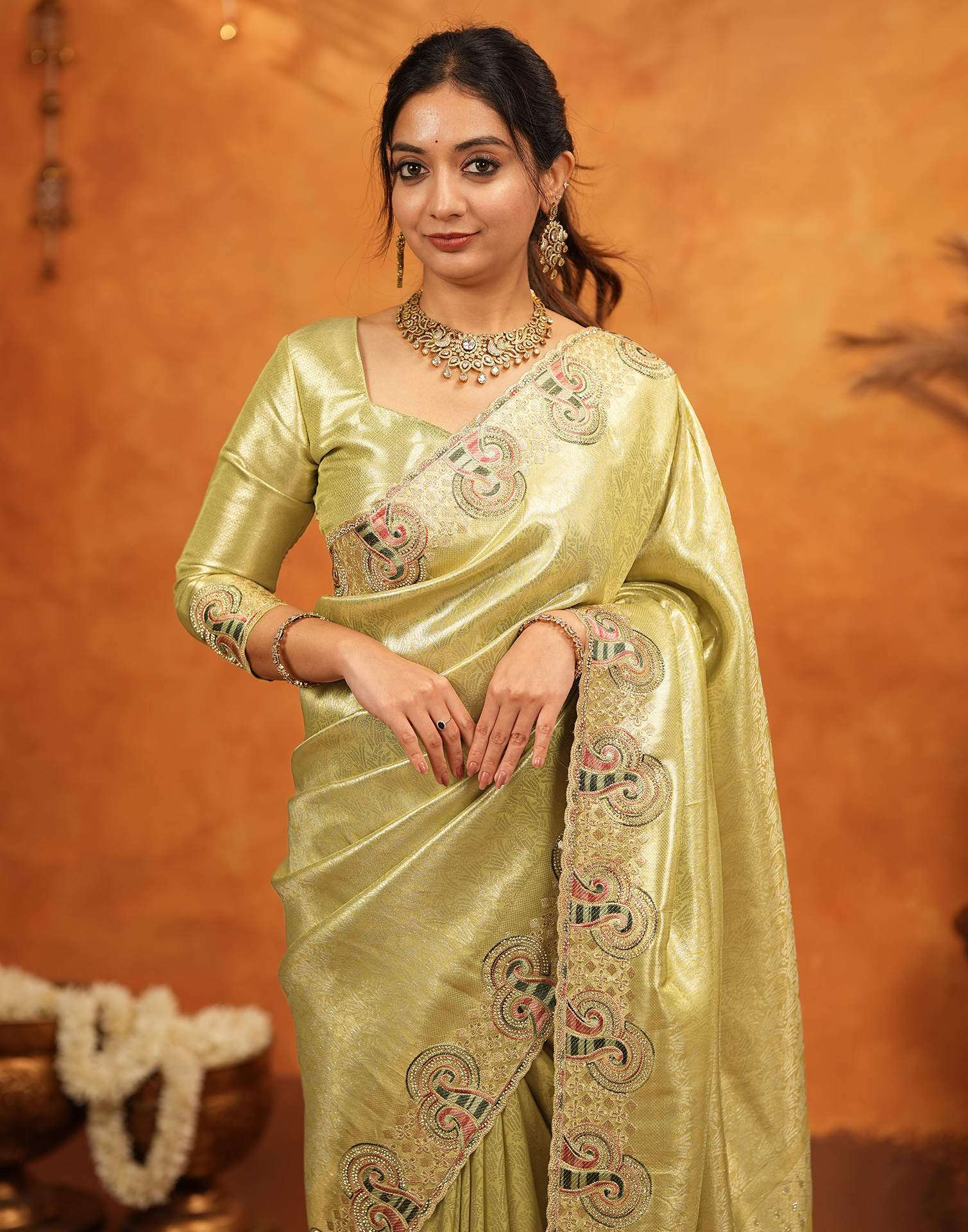 Pista Green Silk Woven Embroidery Stone Work Banarasi Saree - Image 11