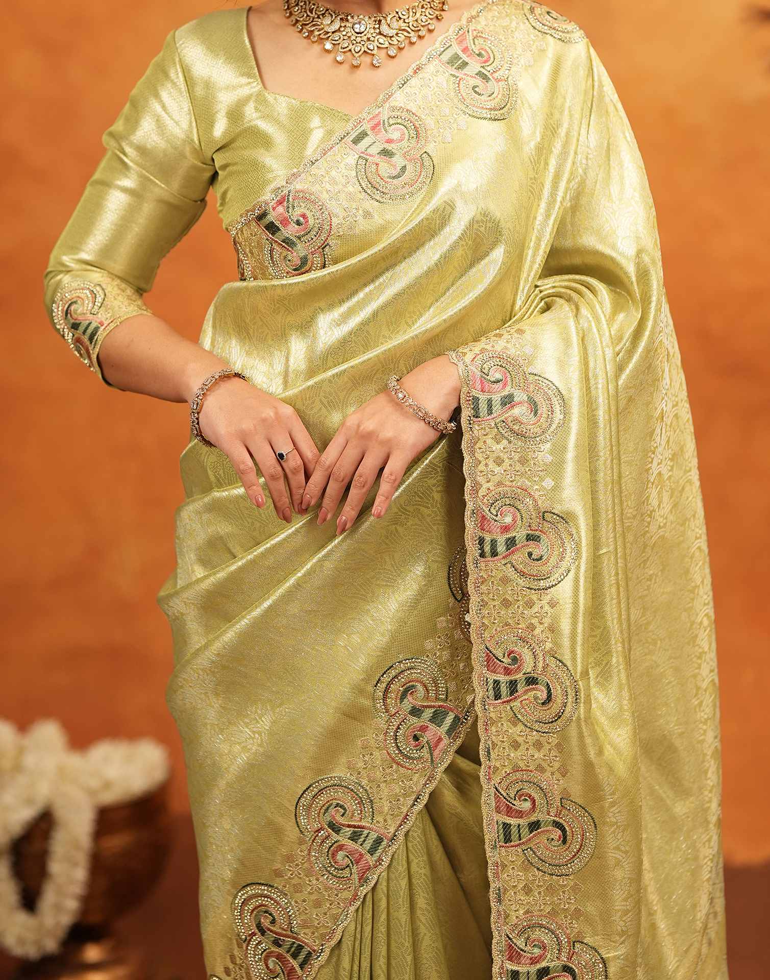 Pista Green Silk Woven Embroidery Stone Work Banarasi Saree - Image 12
