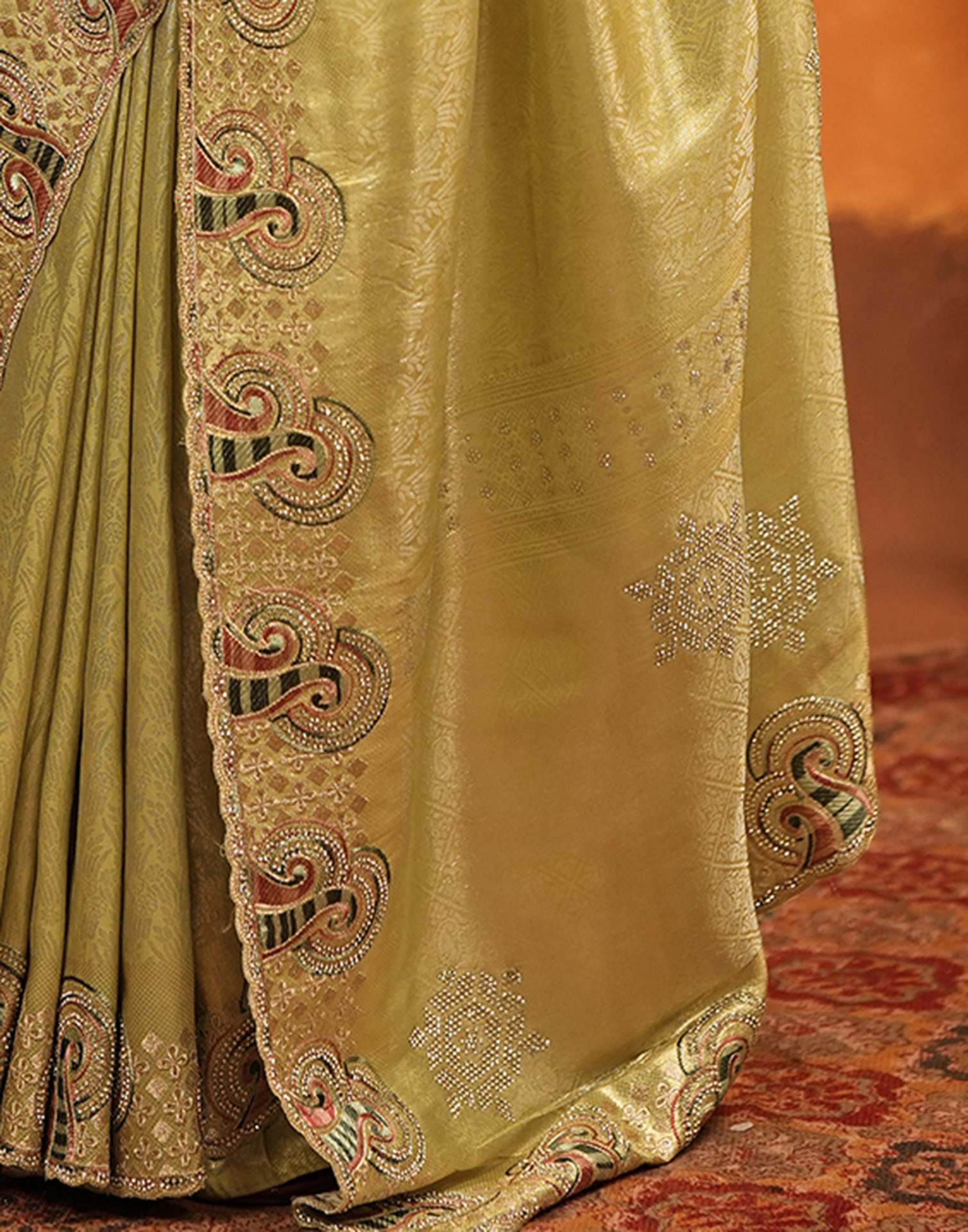Pista Green Silk Woven Embroidery Stone Work Banarasi Saree - Image 13