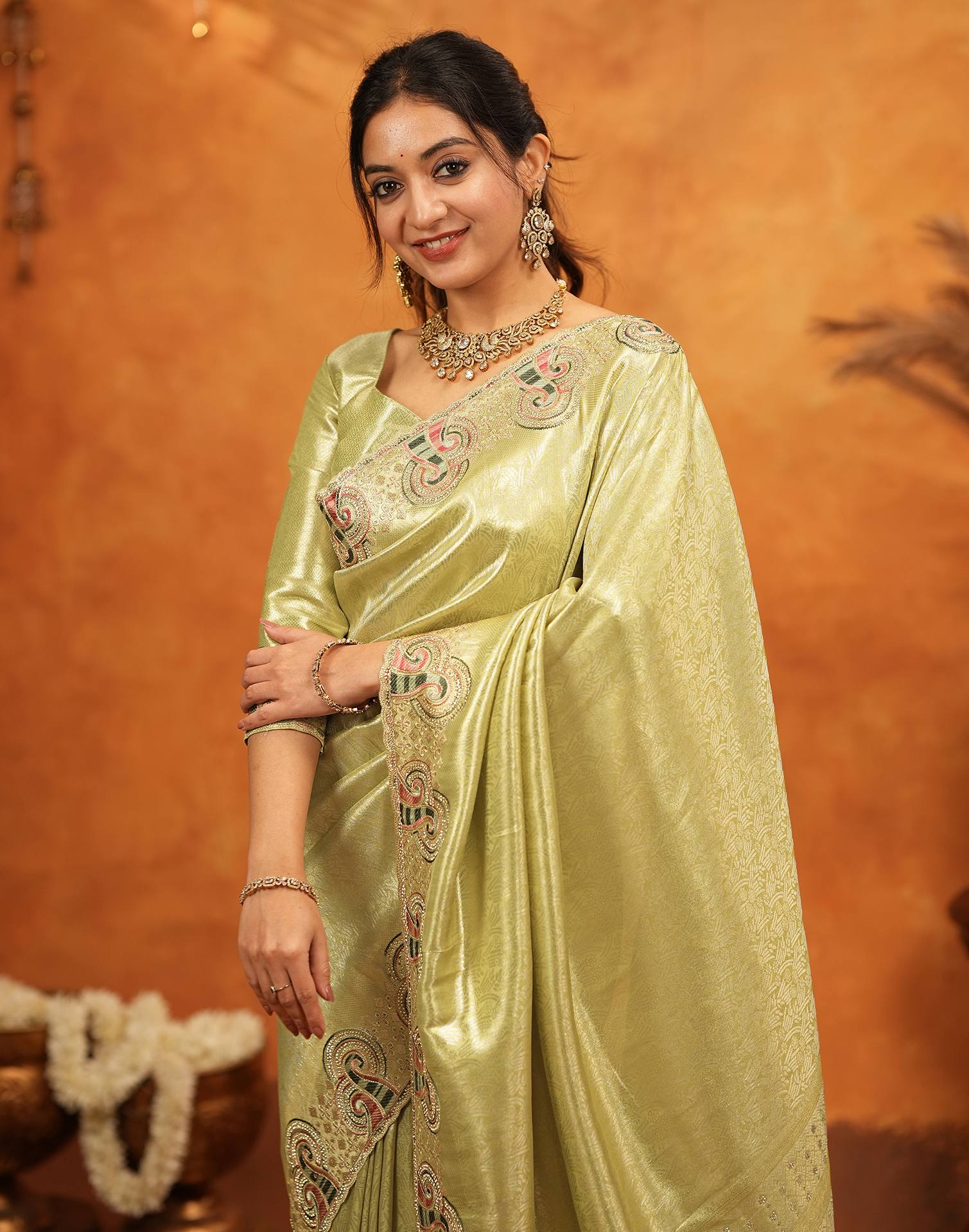 Pista Green Silk Woven Embroidery Stone Work Banarasi Saree - Image 4