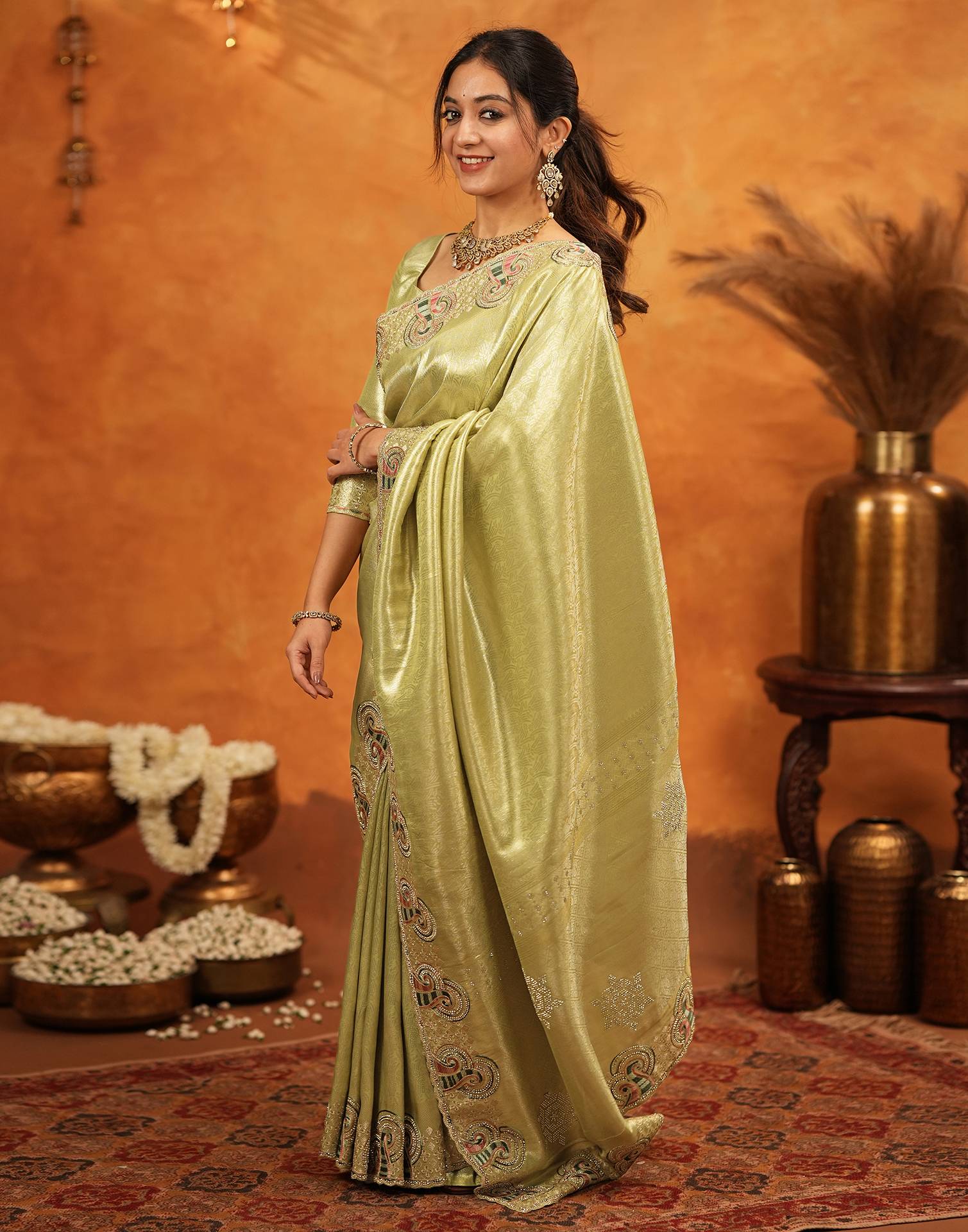Pista Green Silk Woven Embroidery Stone Work Banarasi Saree - Image 5