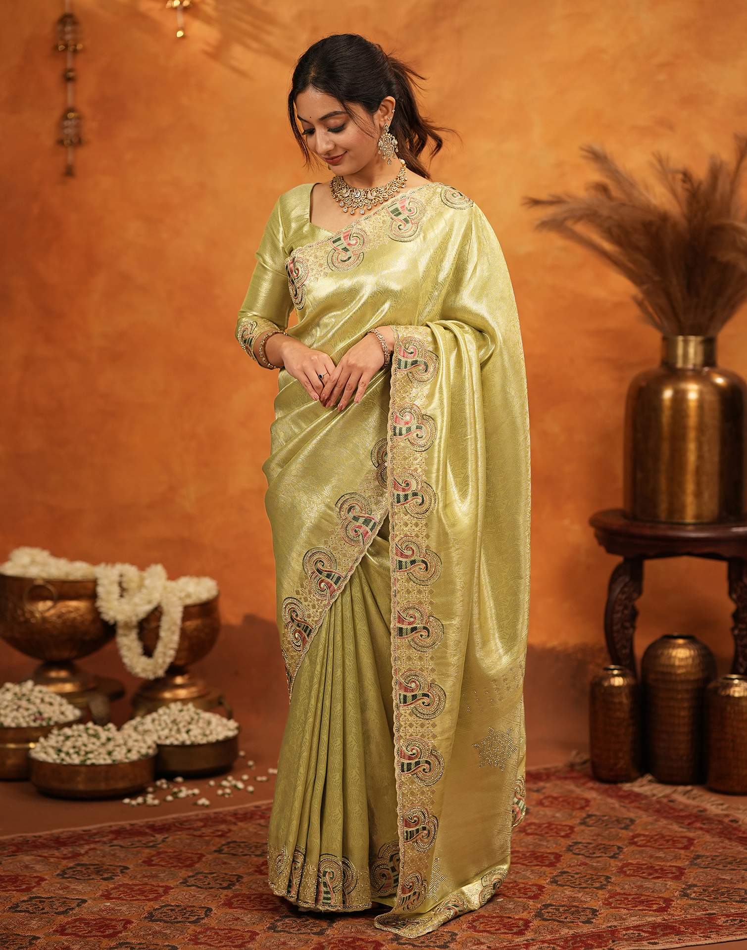 Pista Green Silk Woven Embroidery Stone Work Banarasi Saree - Image 6