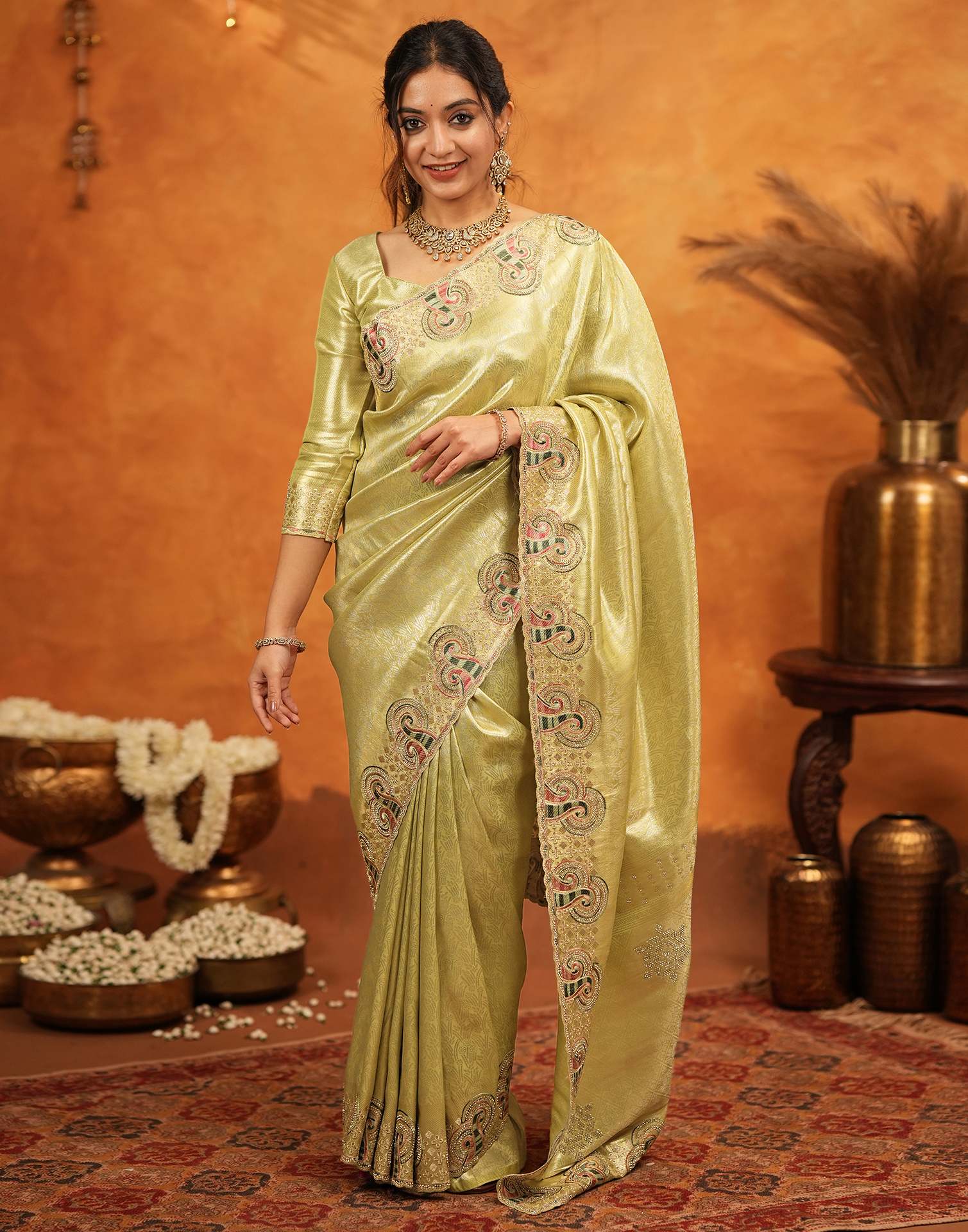Pista Green Silk Woven Embroidery Stone Work Banarasi Saree - Image 8