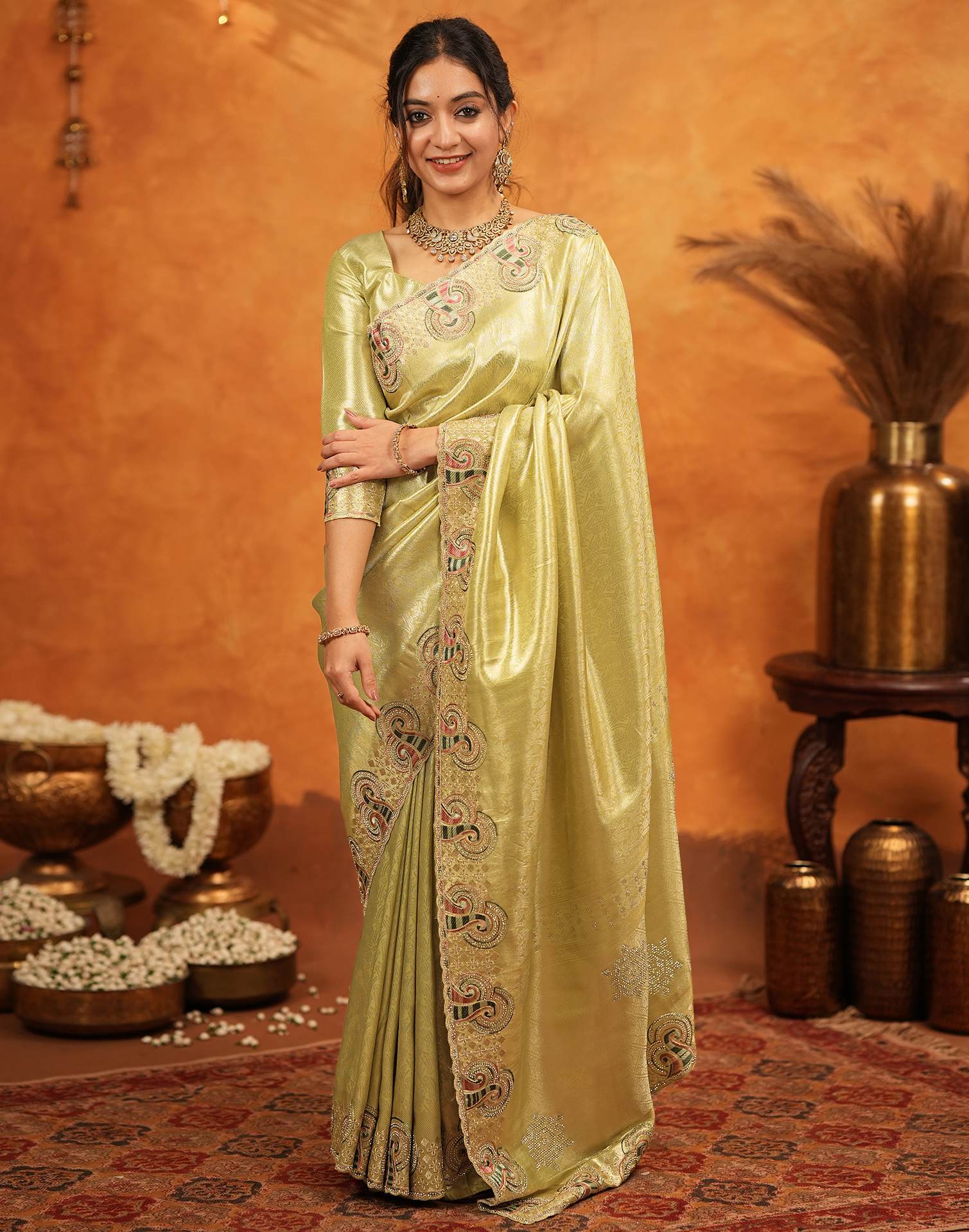 Pista Green Silk Woven Embroidery Stone Work Banarasi Saree - Image 9