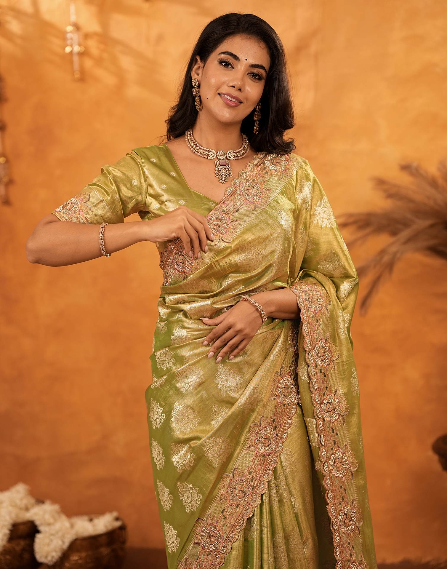 Pista Green Silk Woven Embroidery Stone Work Banarasi Saree - Image 10