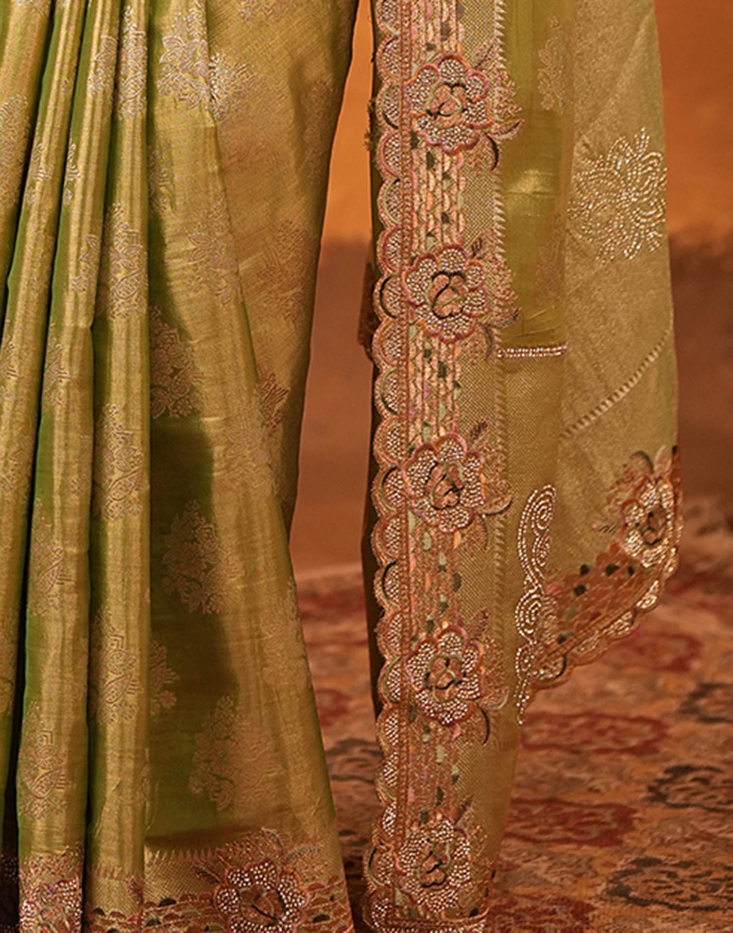 Pista Green Silk Woven Embroidery Stone Work Banarasi Saree - Image 12