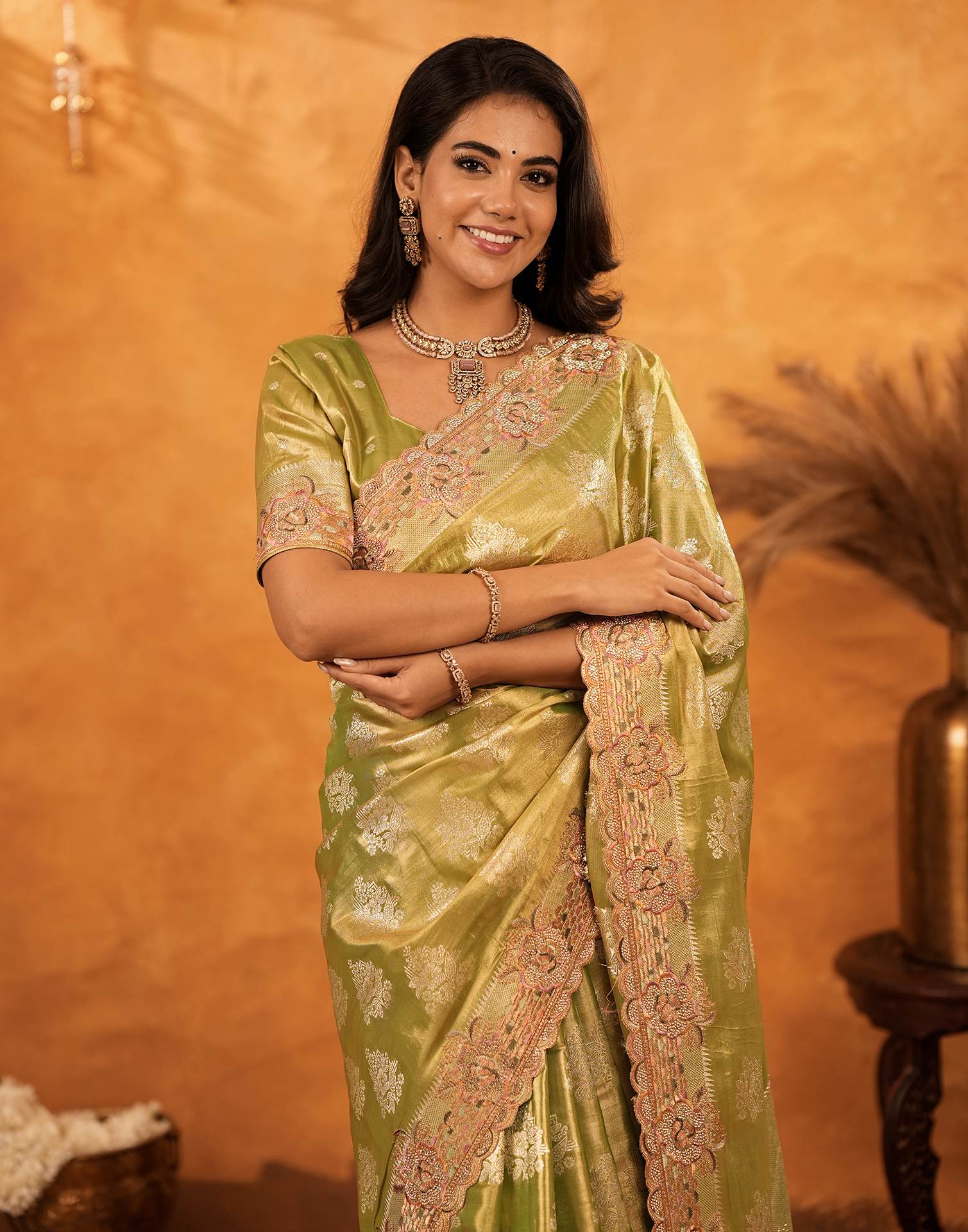 Pista Green Silk Woven Embroidery Stone Work Banarasi Saree - Image 5
