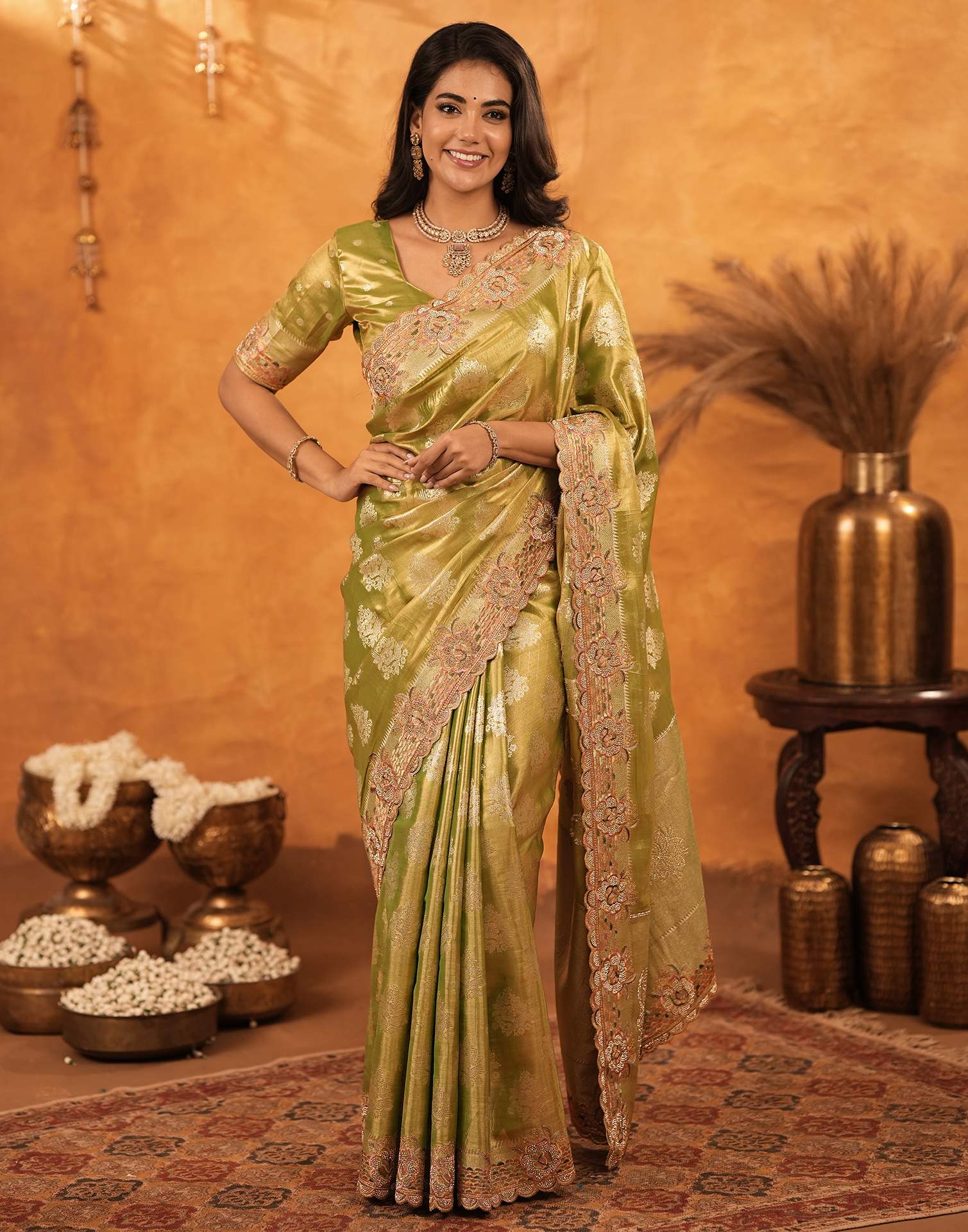 Pista Green Silk Woven Embroidery Stone Work Banarasi Saree - Image 6
