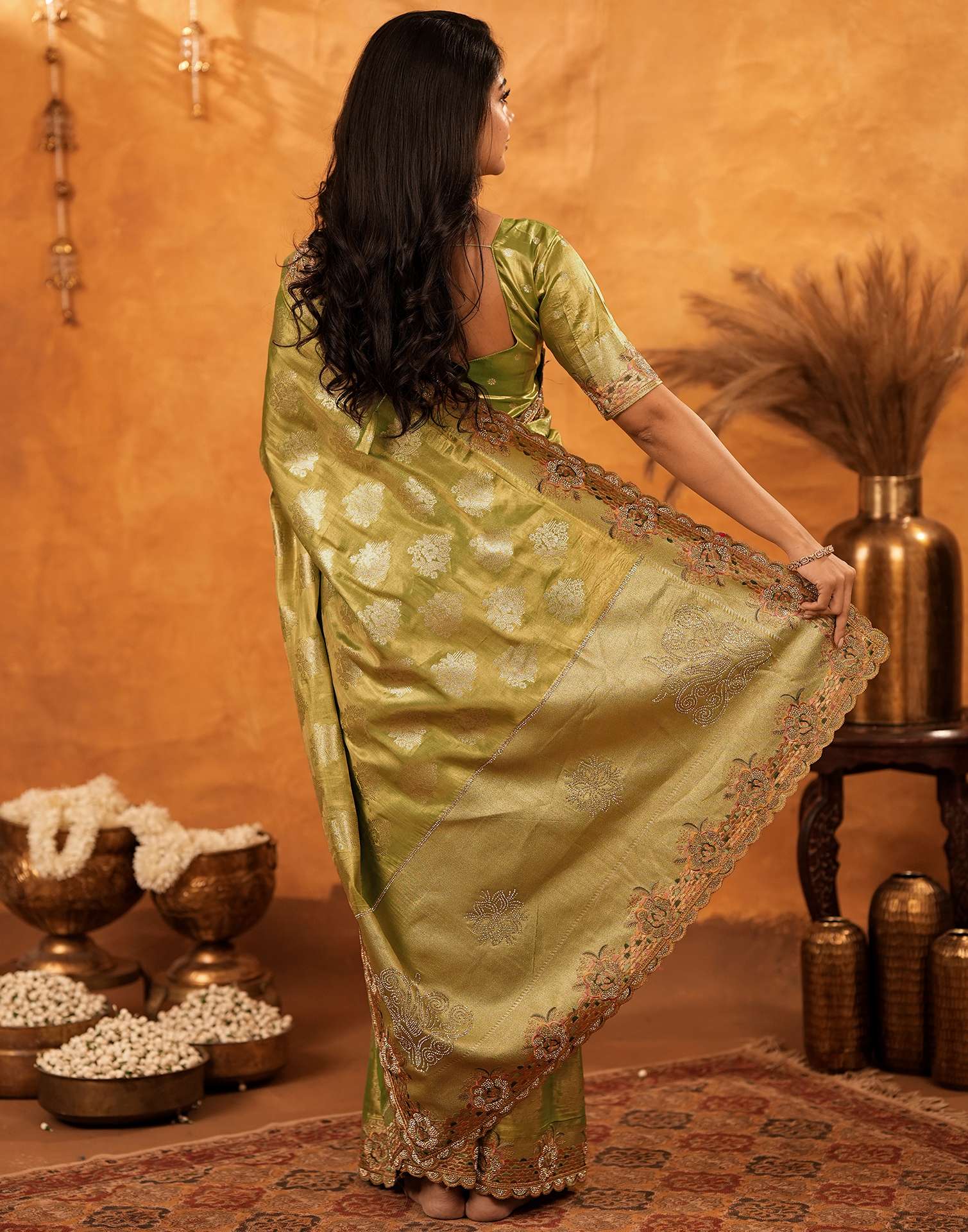 Pista Green Silk Woven Embroidery Stone Work Banarasi Saree - Image 7