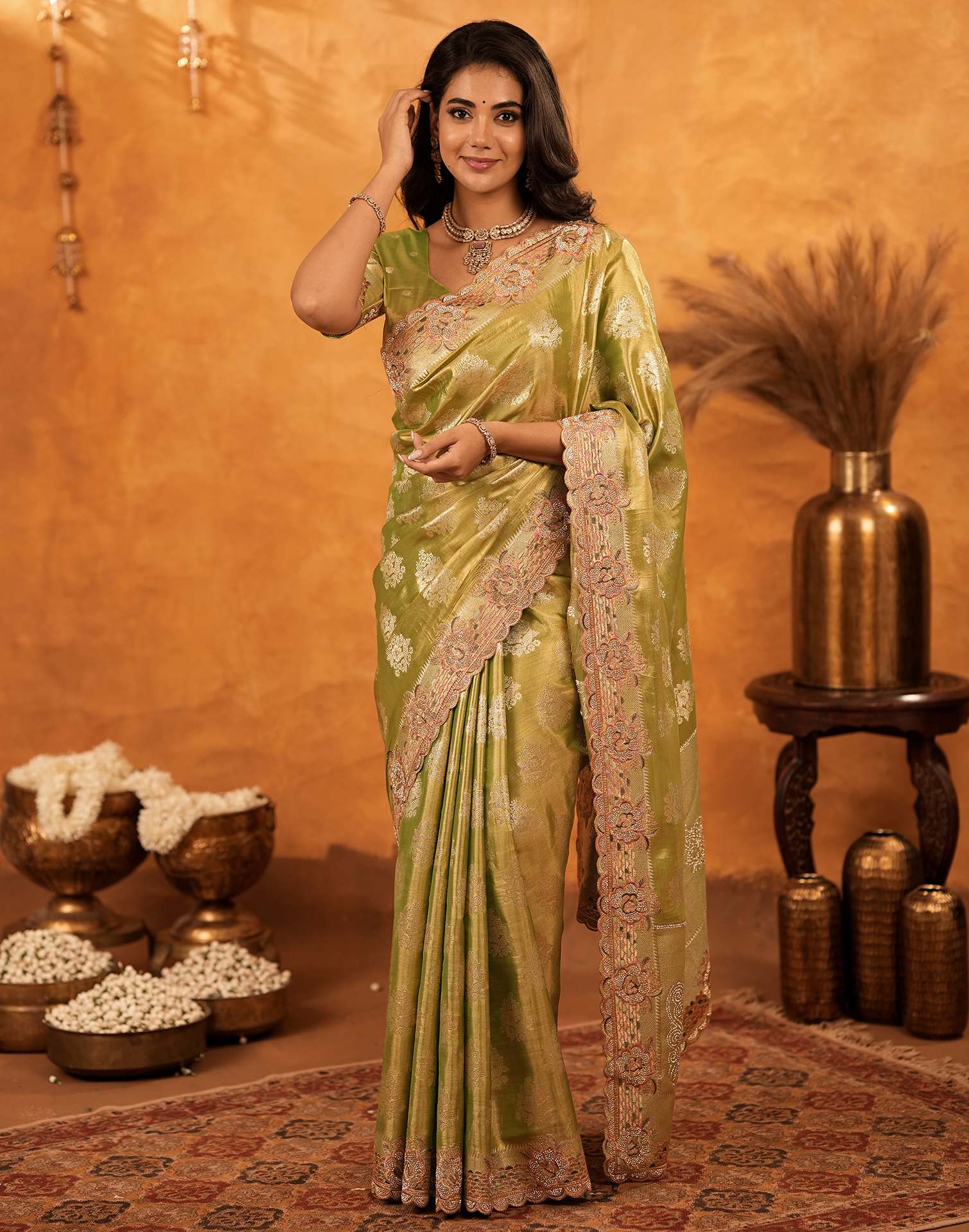 Pista Green Silk Woven Embroidery Stone Work Banarasi Saree - Image 8