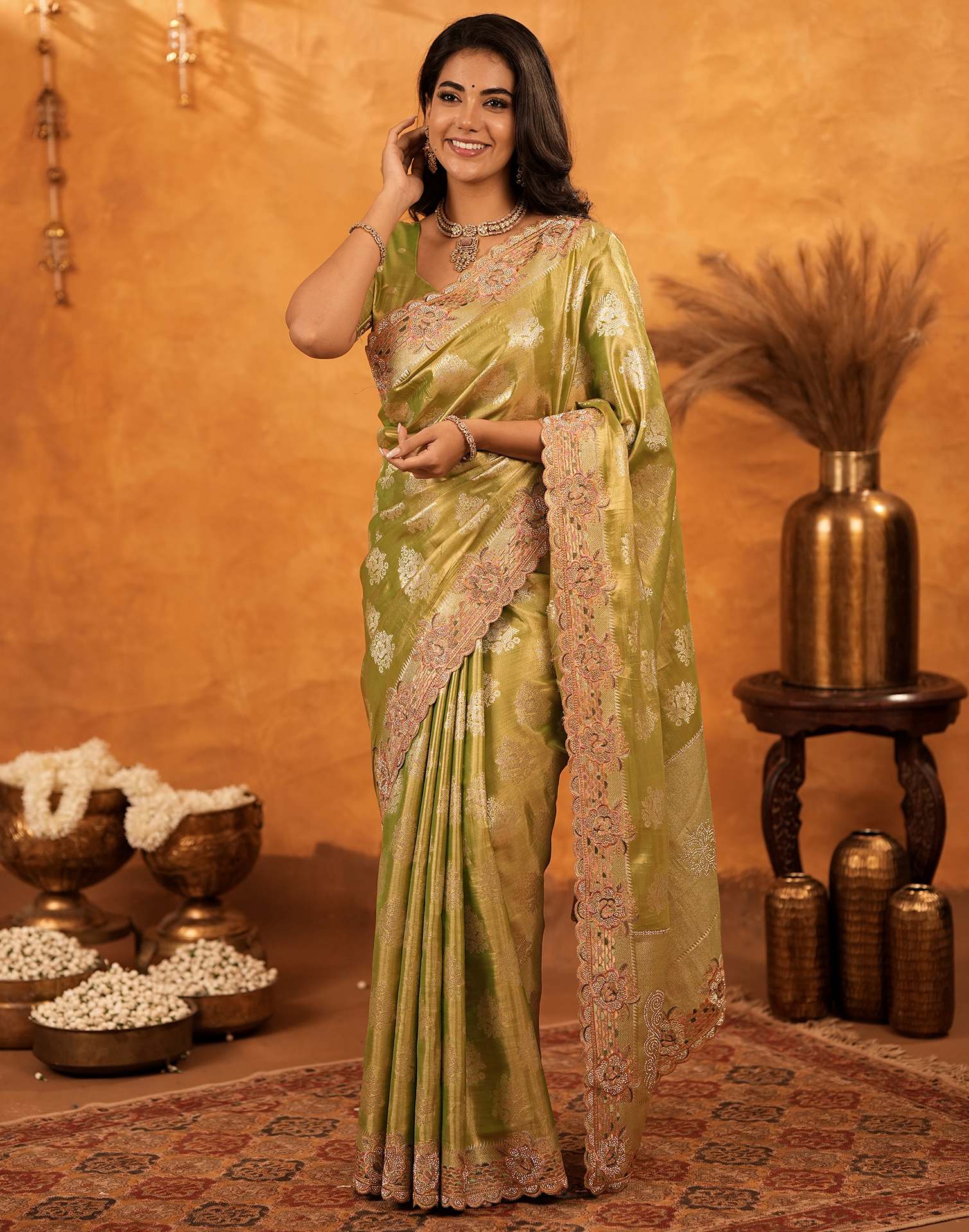 Pista Green Silk Woven Embroidery Stone Work Banarasi Saree - Image 9