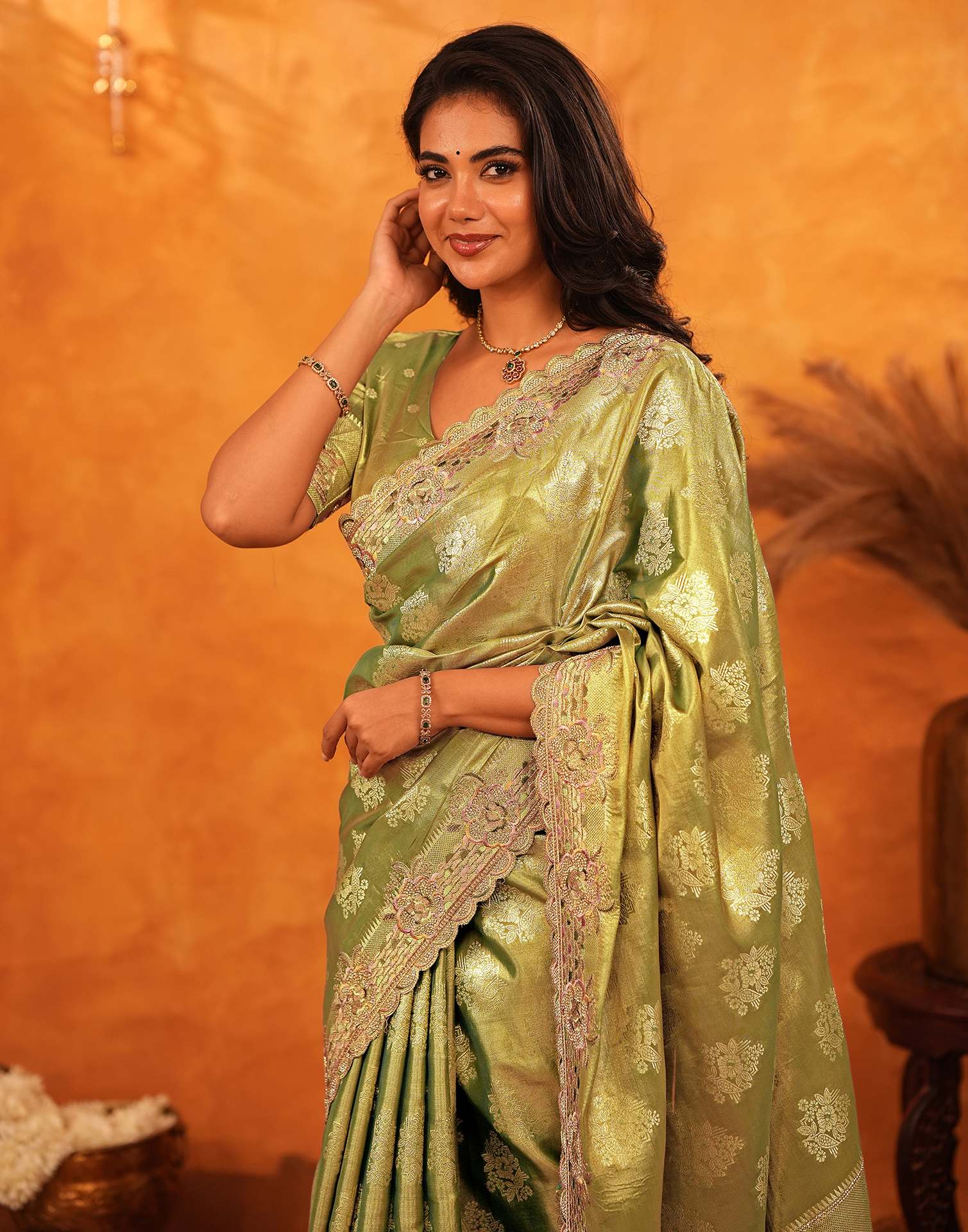 Pista Green Silk Woven Embroidery Stone Work Embellished Saree - Image 5