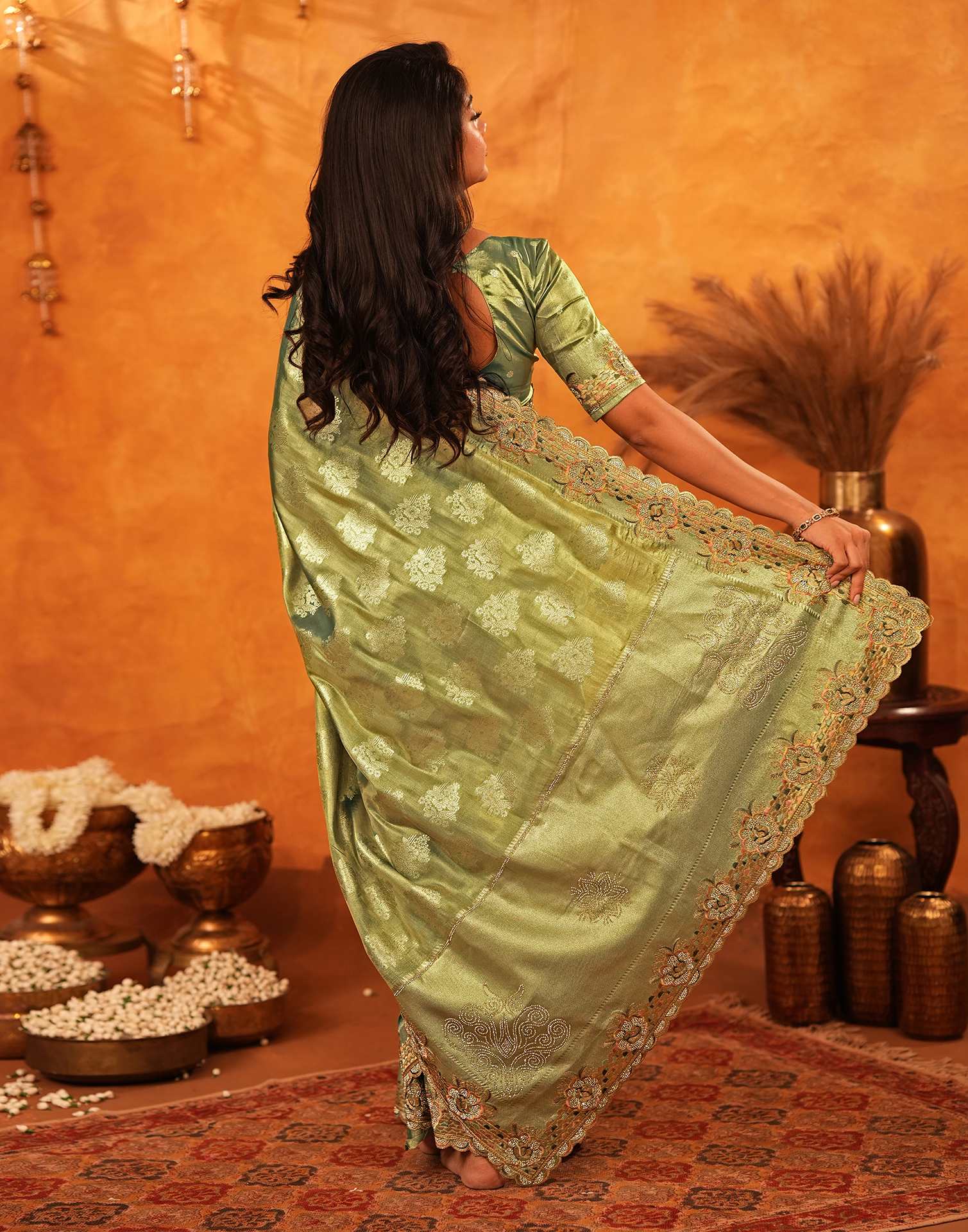 Pista Green Silk Woven Embroidery Stone Work Embellished Saree - Image 8