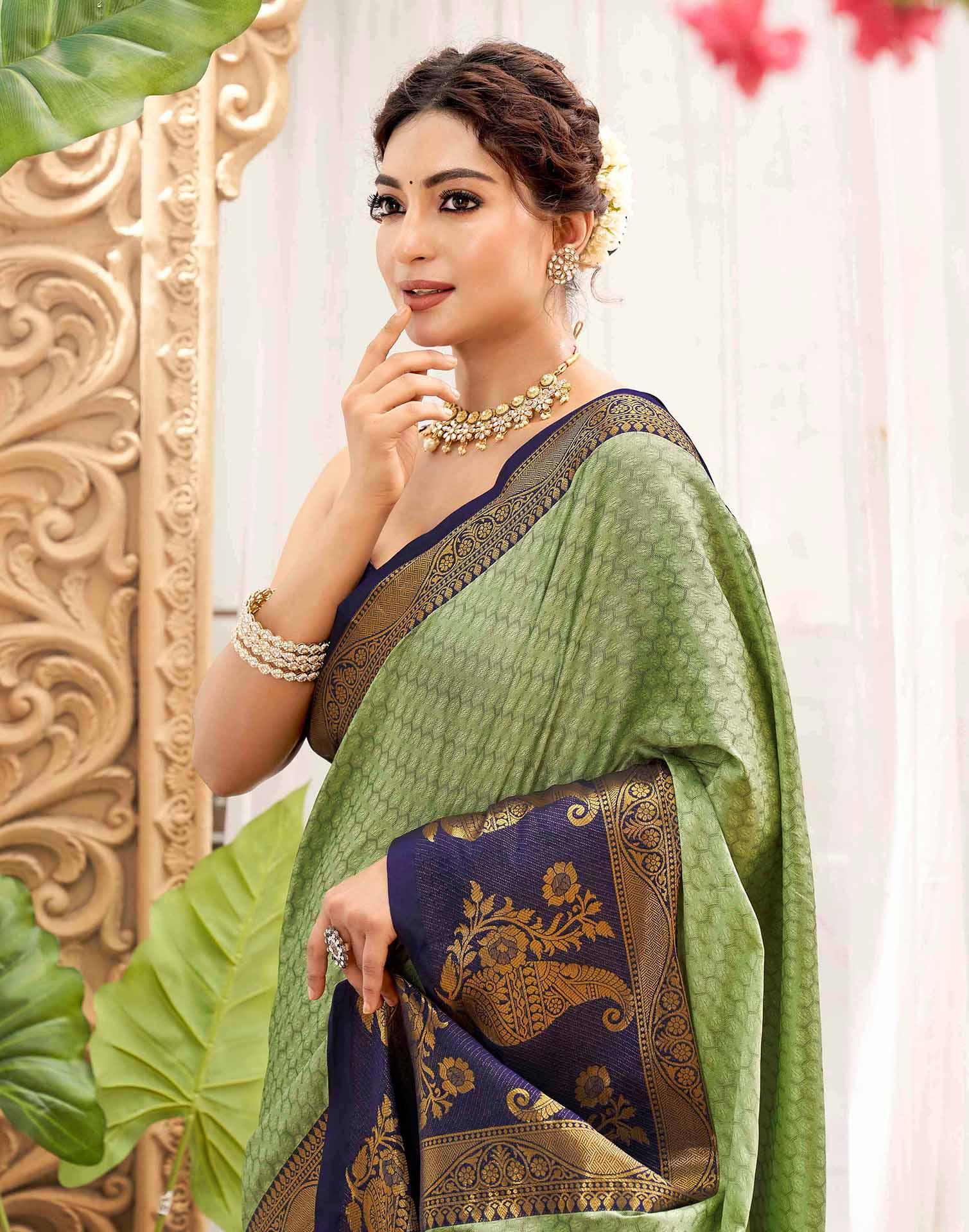 Pista Green Silk Woven Kanjivaram Saree - Image 2