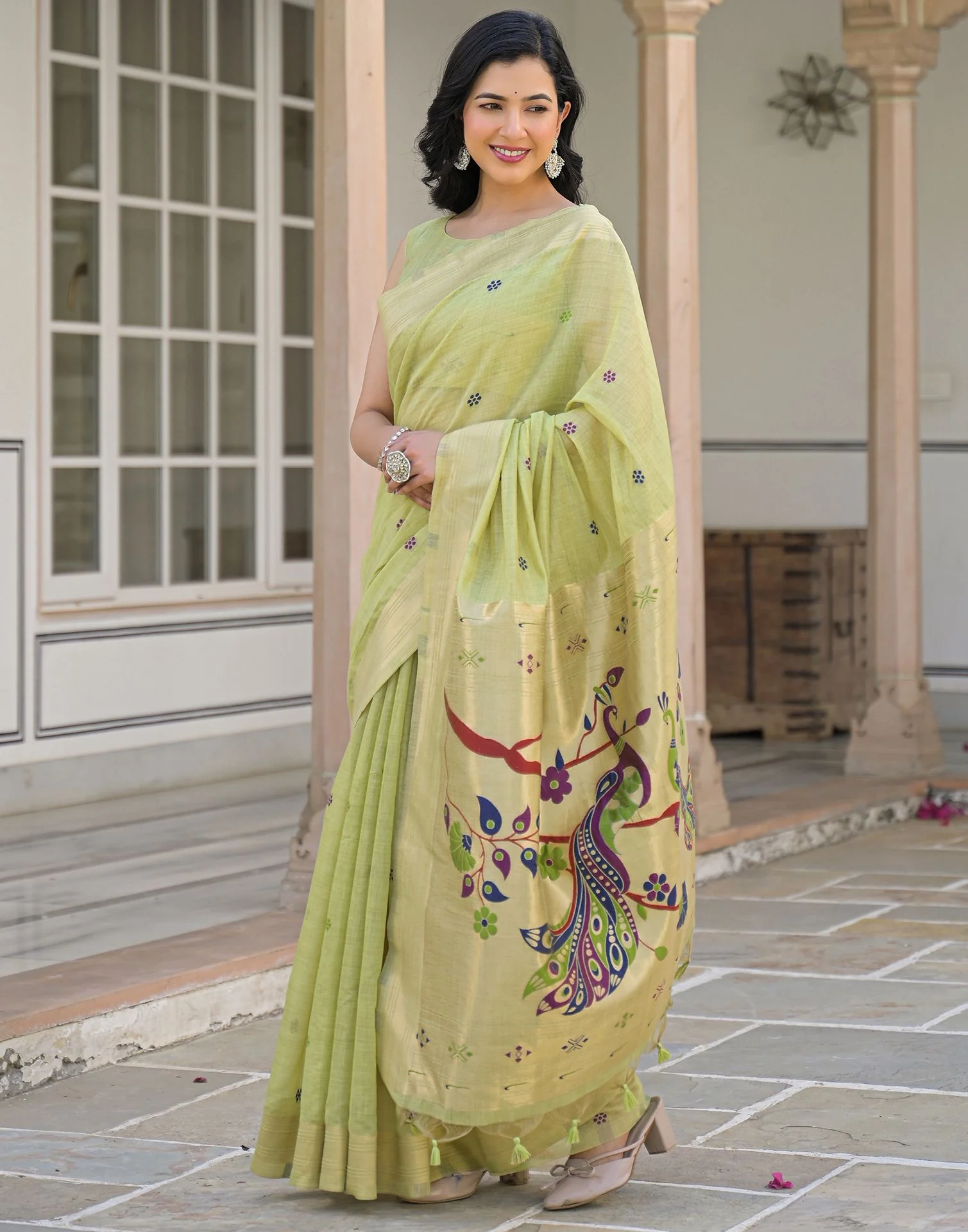 Pista Green Cotton Woven Paithani Saree - Image 5