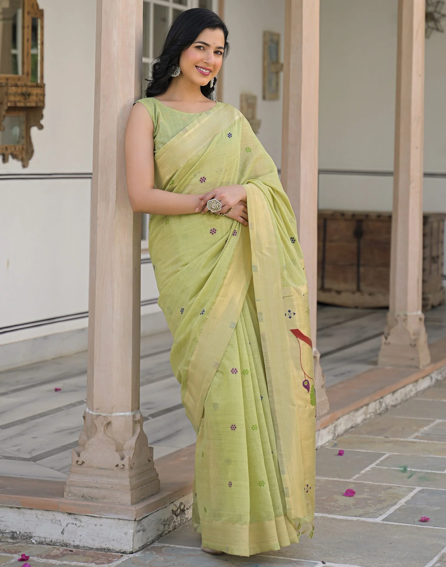Pista Green Cotton Woven Paithani Saree - Image 8