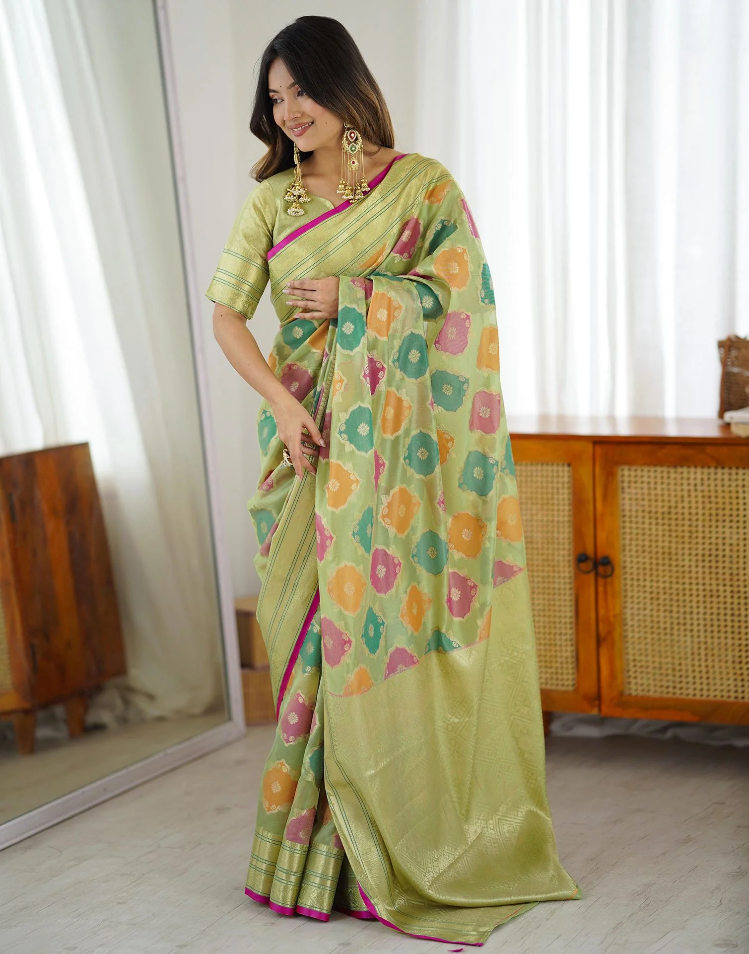 Pista Green Silk Woven Saree - Image 5