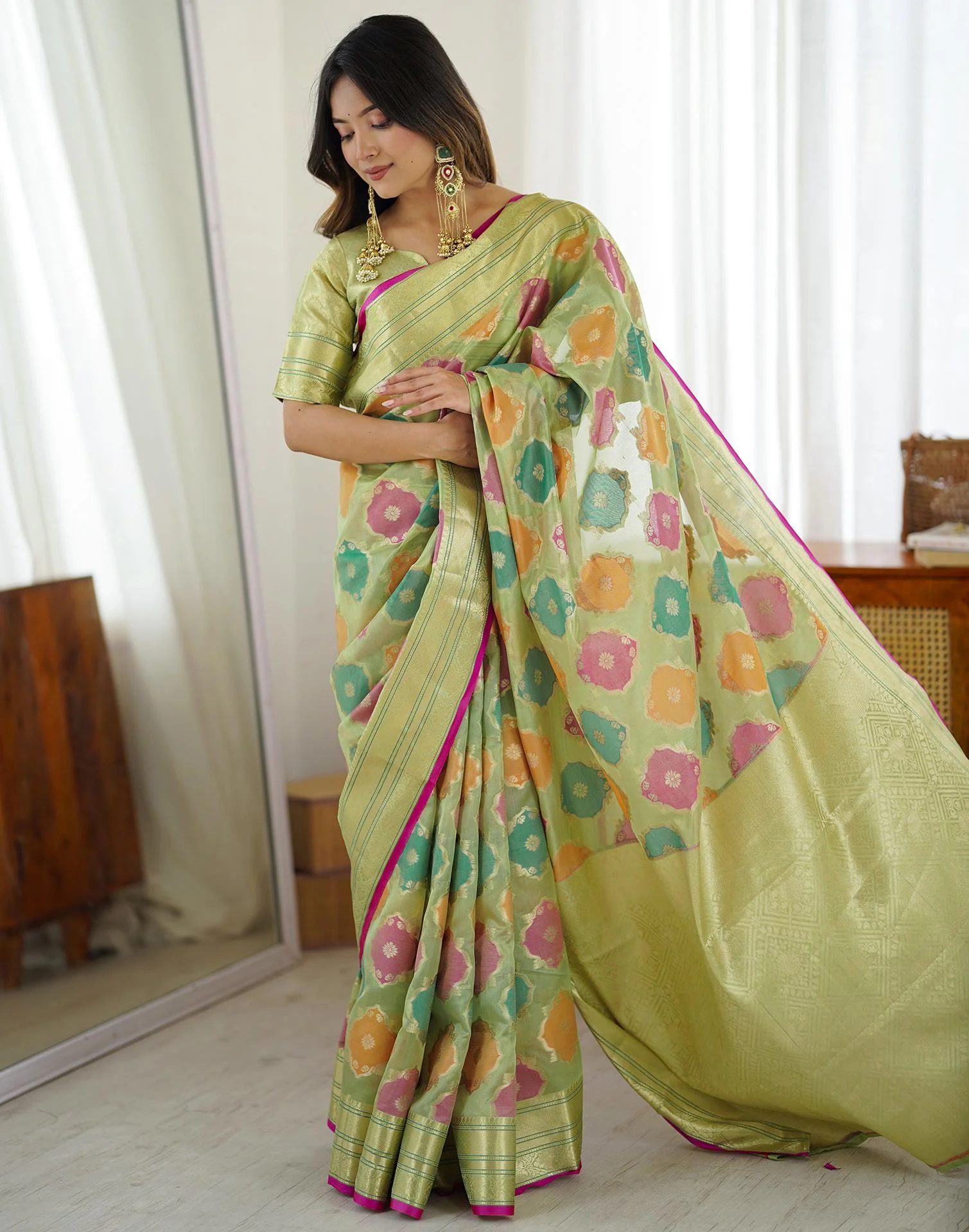 Pista Green Silk Woven Saree - Image 6