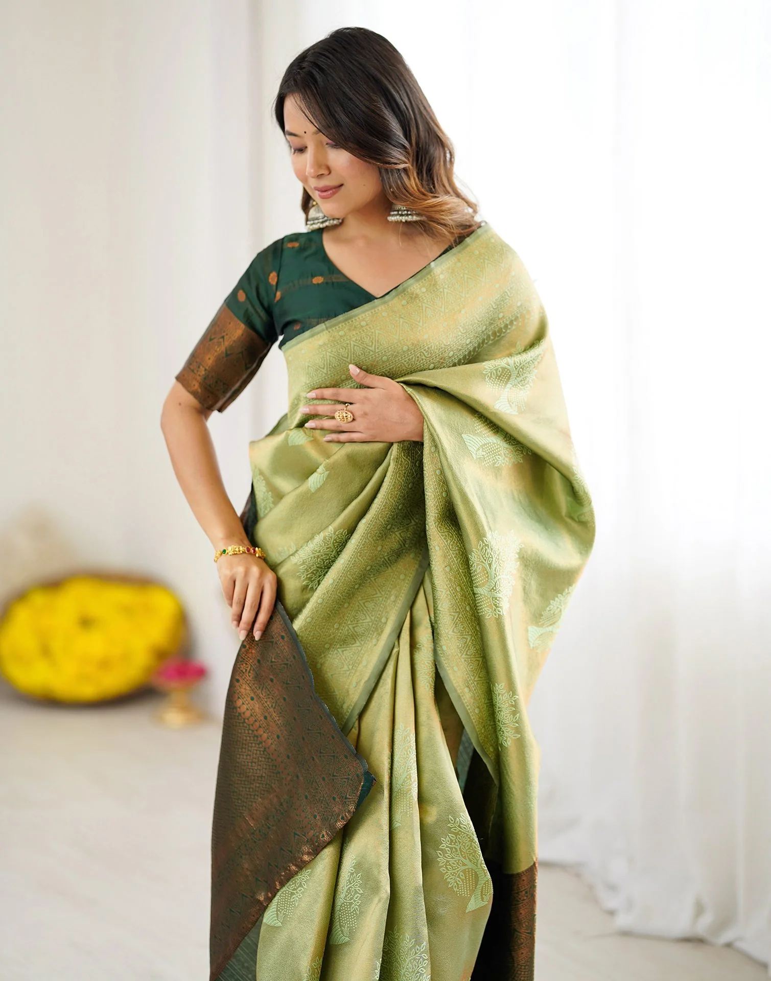 Pista Green Silk Woven Saree - Image 4