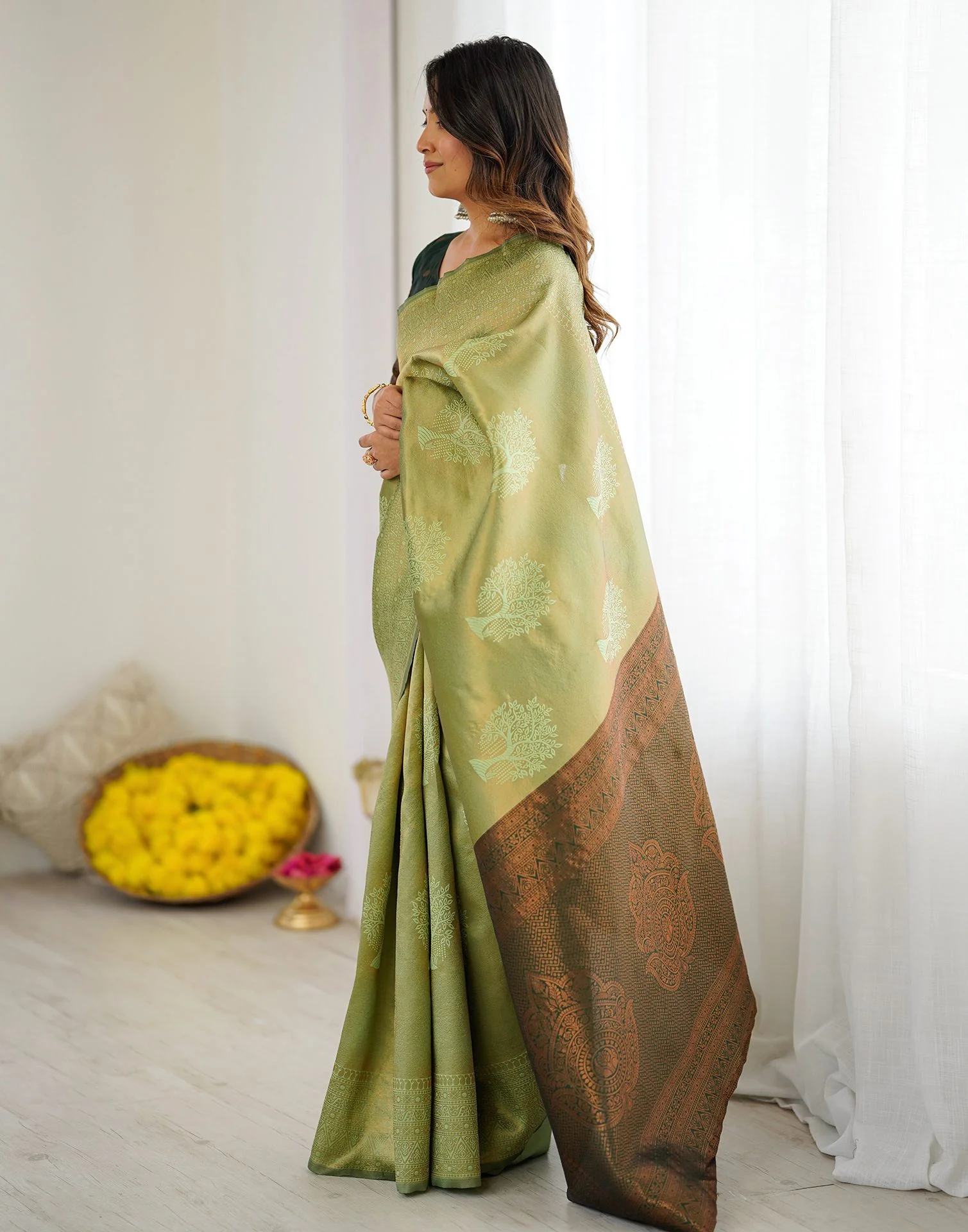 Pista Green Silk Woven Saree - Image 5